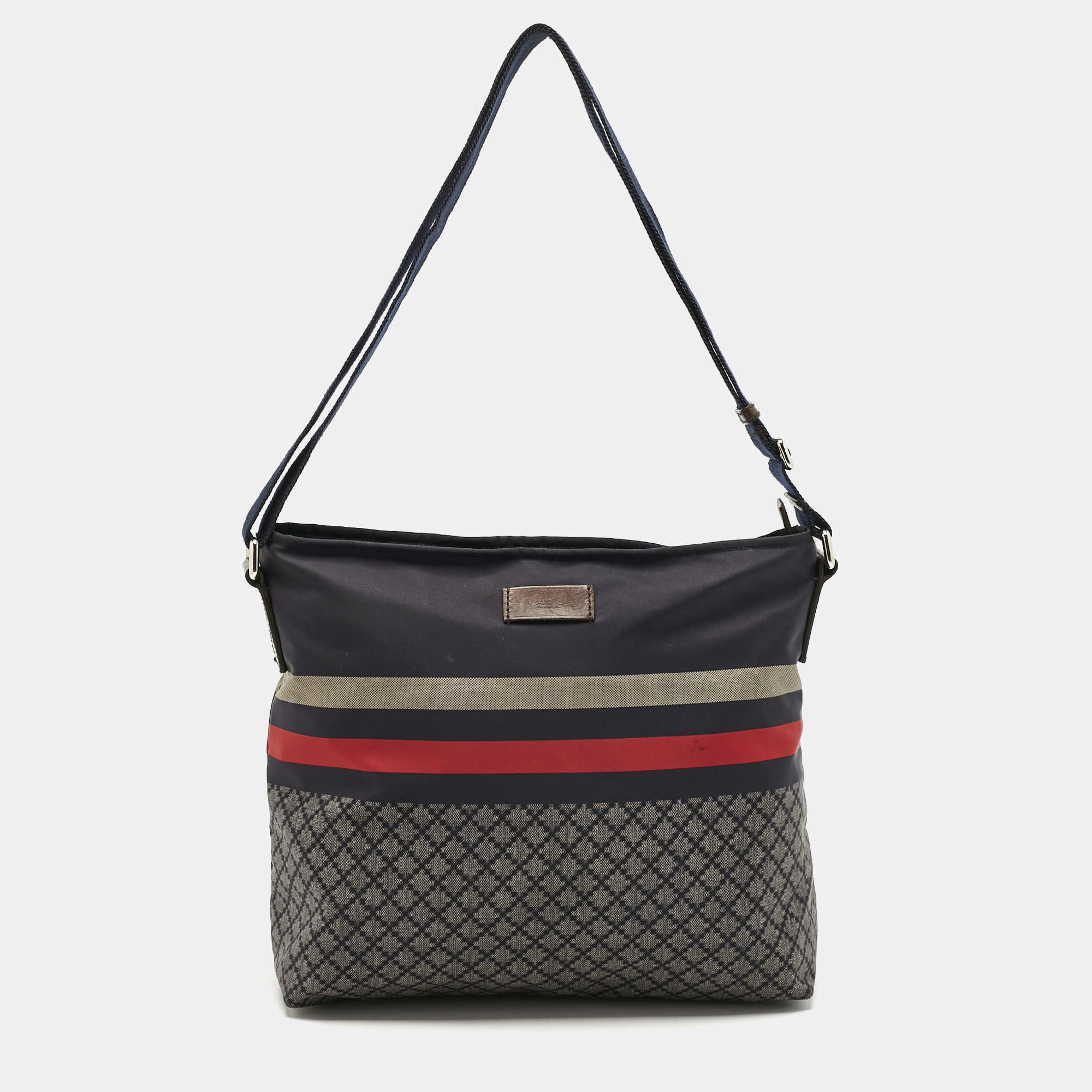 Pre Owned Gucci Navy Blue Diamante Nylon Web Flat Messenger Bag