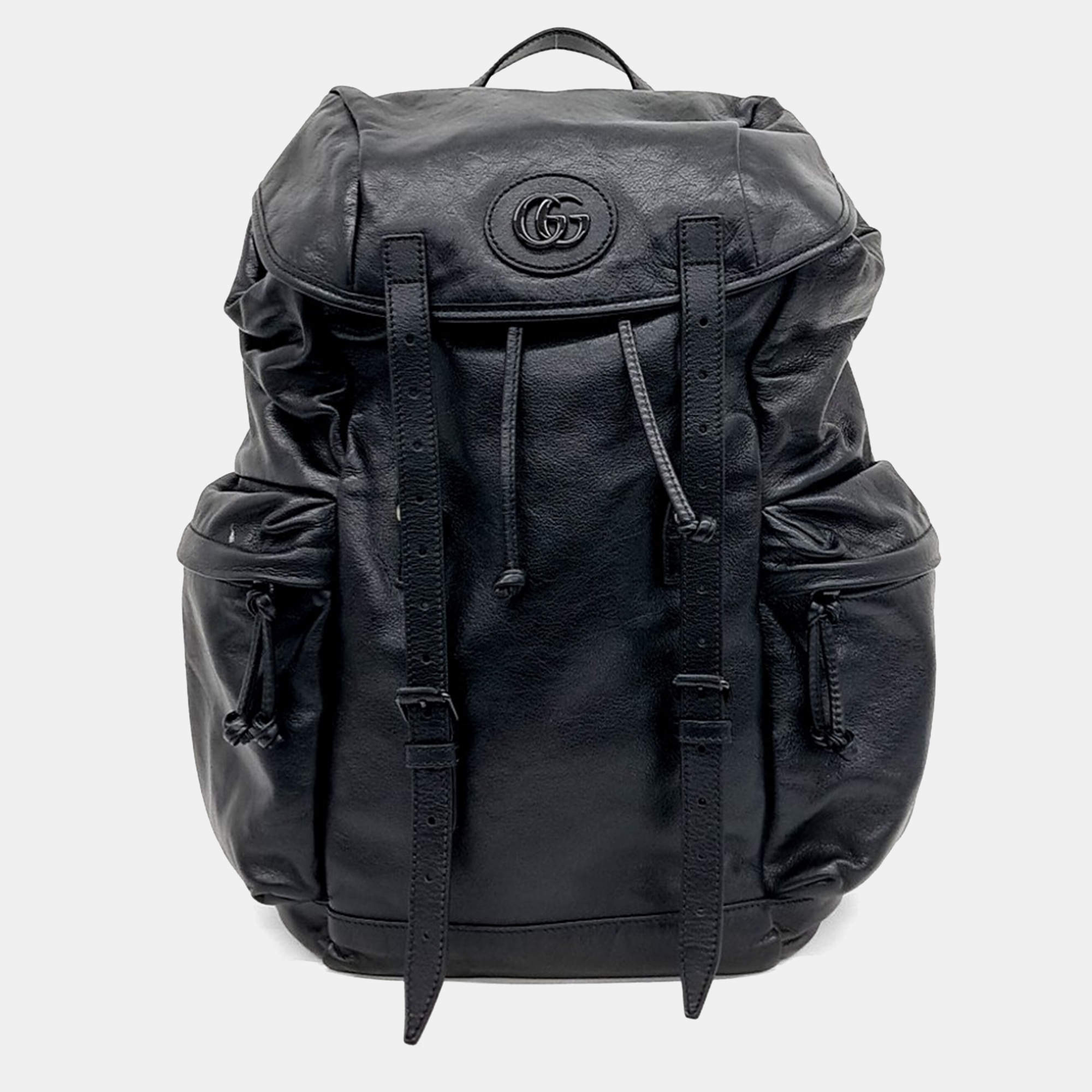 Pre Owned Gucci Black Leather Tonal Double G Backpack