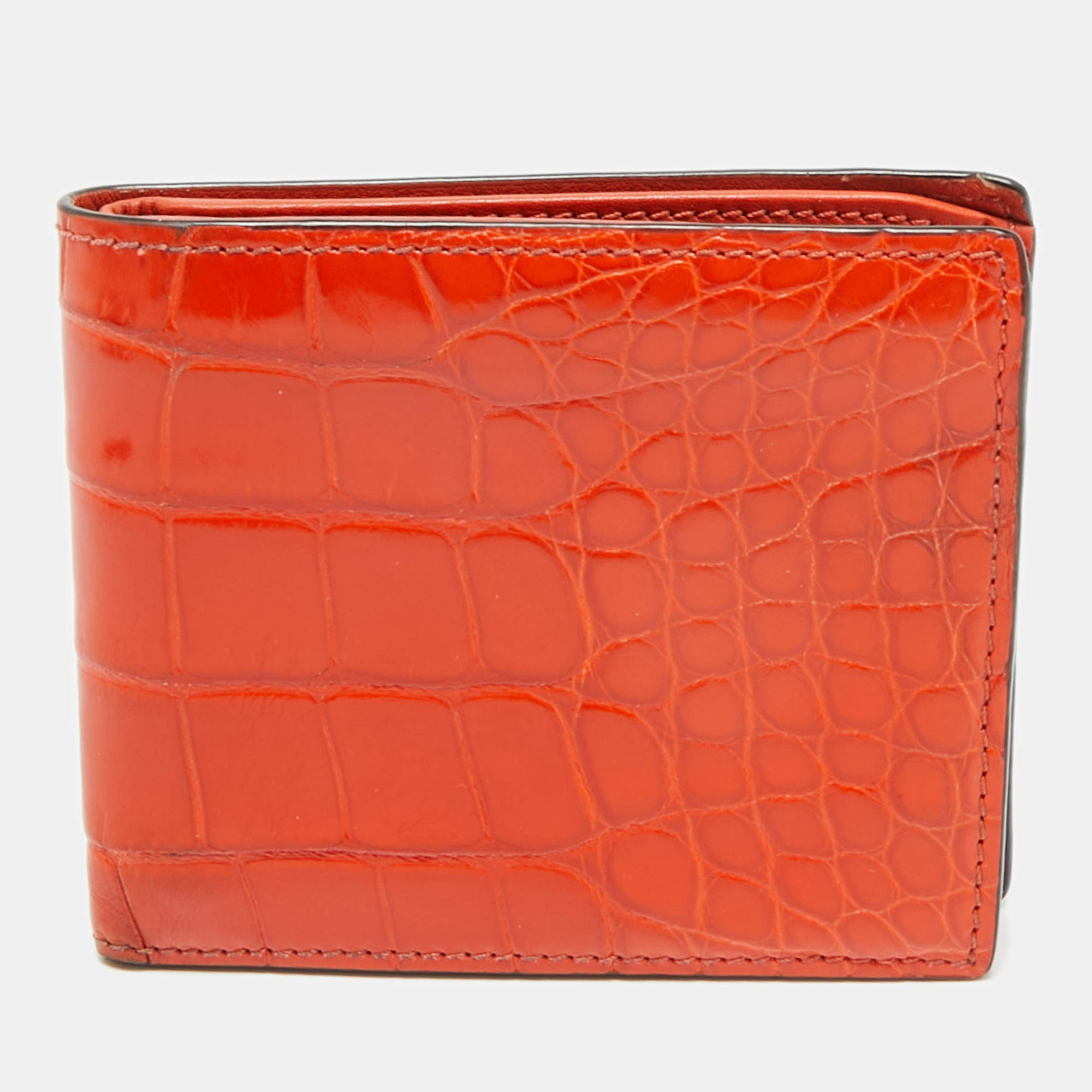 Pre Owned Gucci Orange Crocodile Bifold Wallet