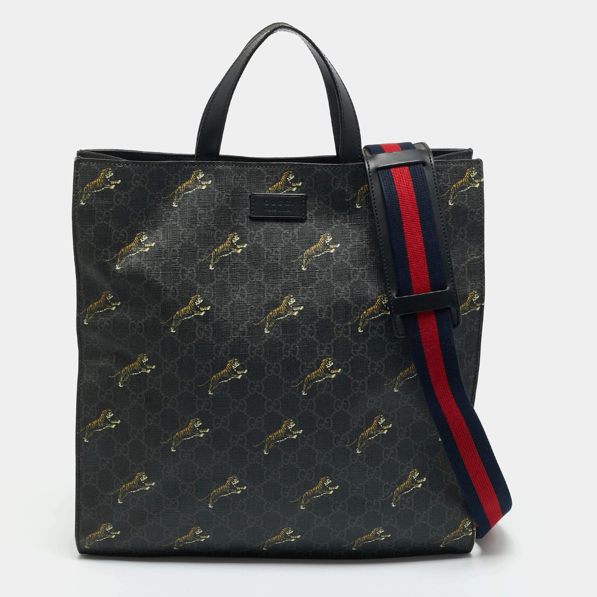 Pre Owned Gucci Black GG Supreme Canvas Tiger Print Vertical Tote