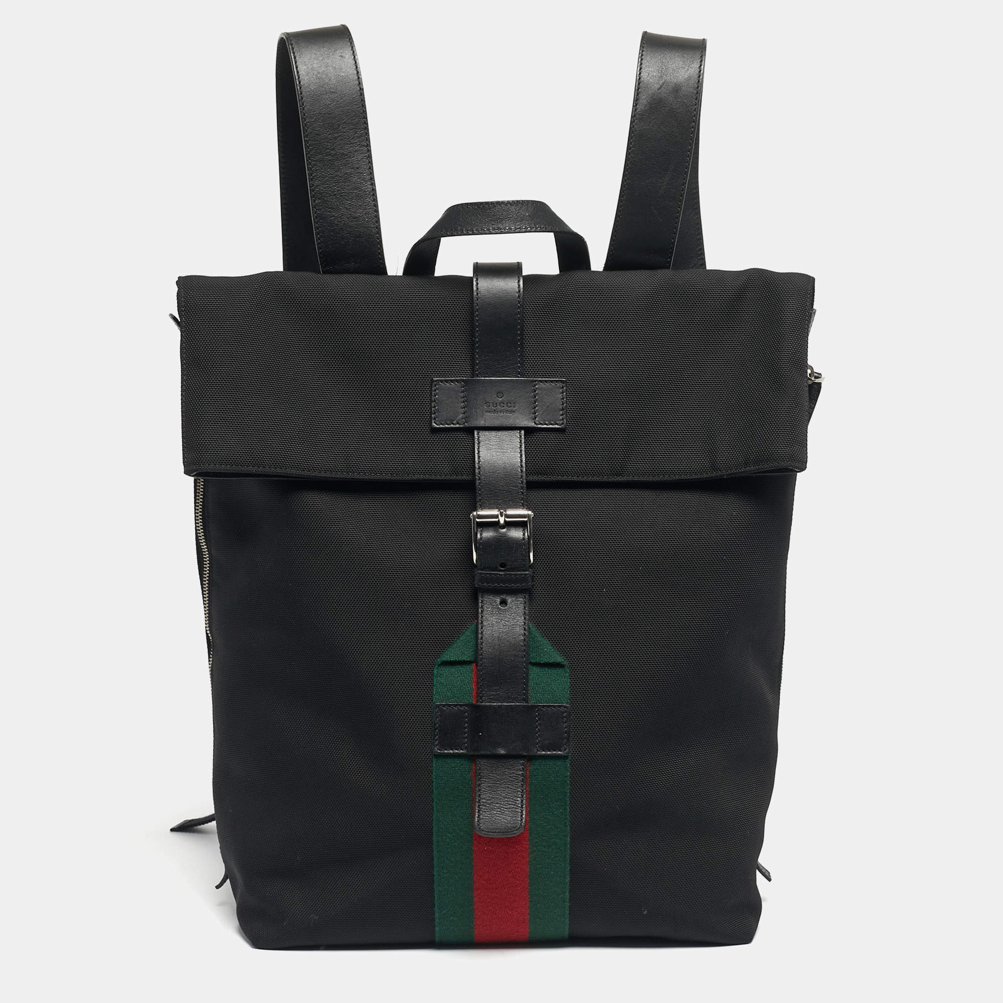 Pre Owned Gucci Black Techno Canvas Web Fold Over Backpack