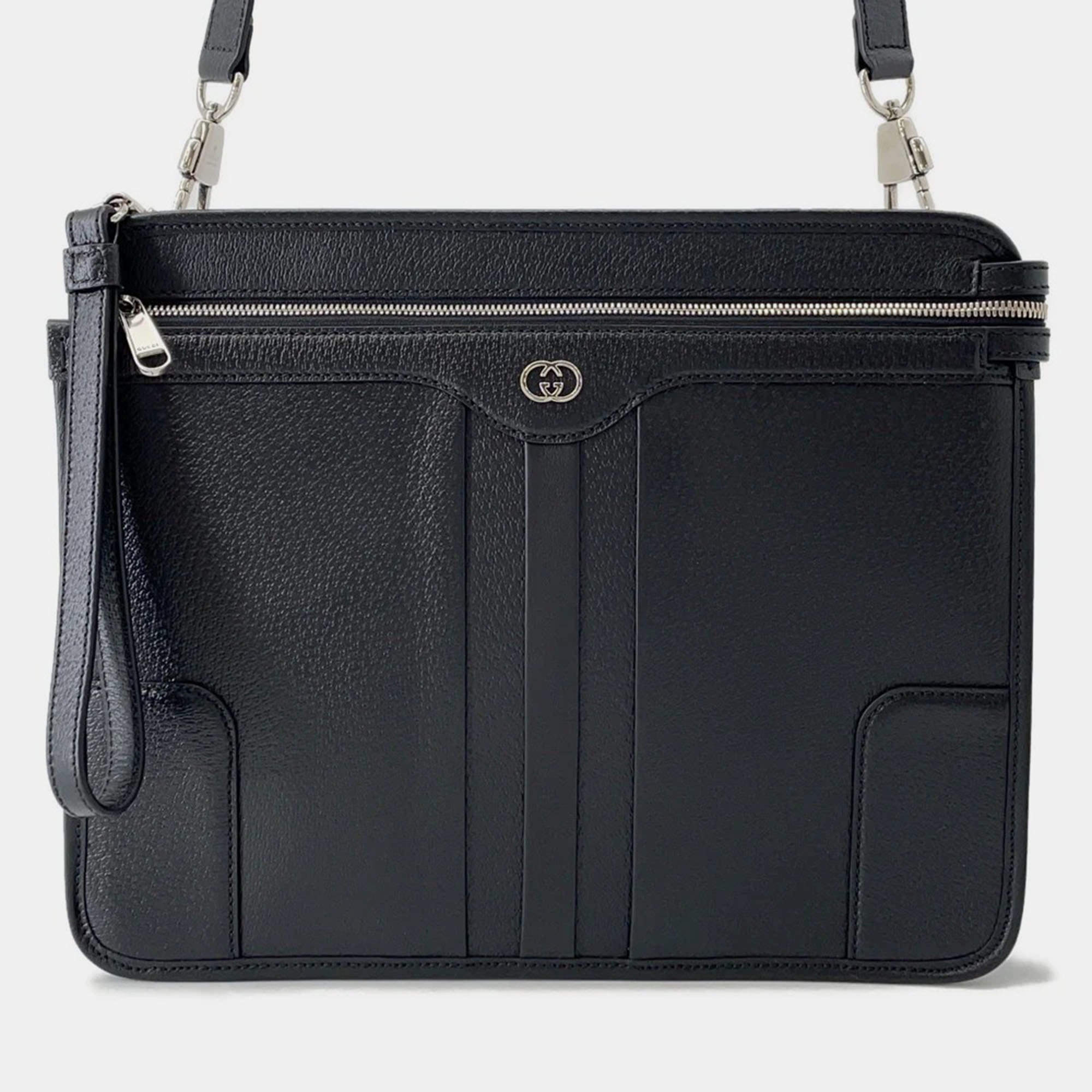 Pre Owned Gucci Interlocking G Messenger Bag Black Leather