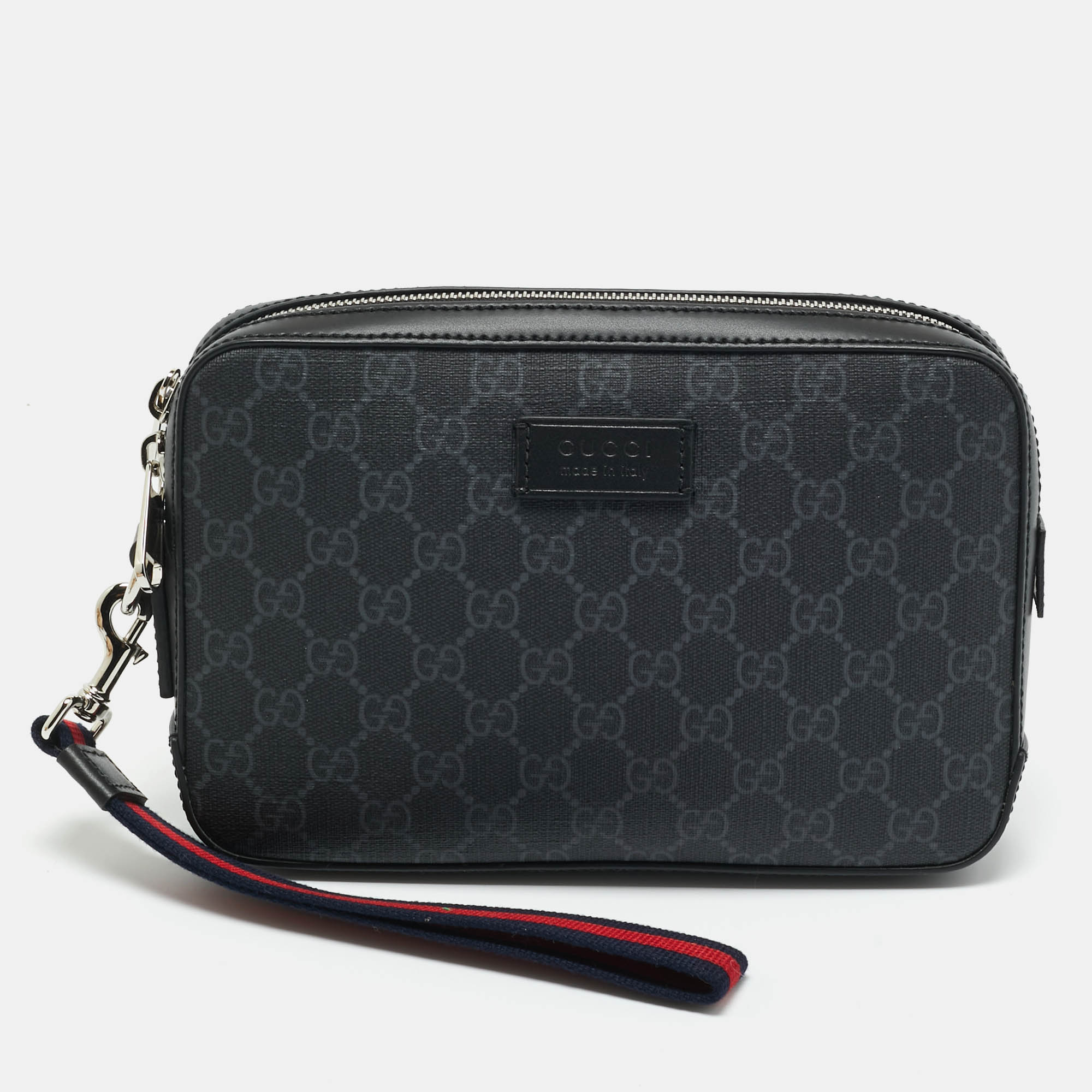 Pre Owned Gucci Black GG Supreme Canvas Wristlet Pouch
