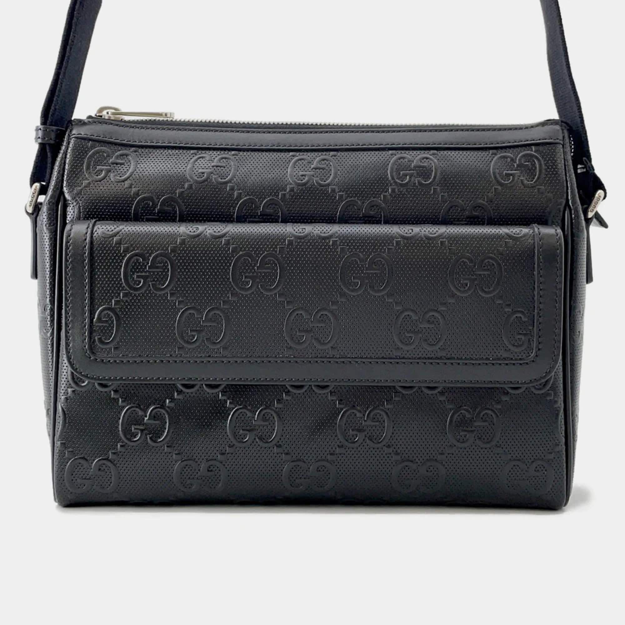 Pre Owned Gucci GG-Embossed Messenger Bag Black Leather