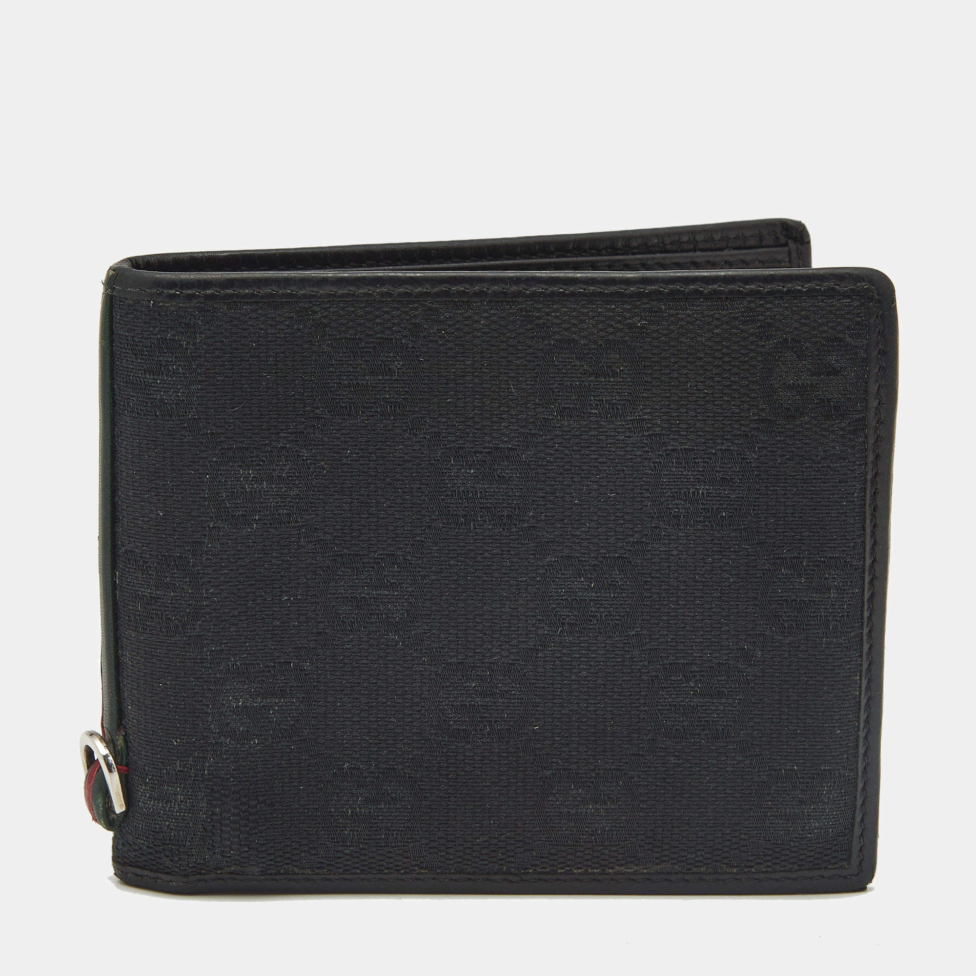 Pre Owned Gucci Black GG Canvas and Leather Web Bifold Wallet