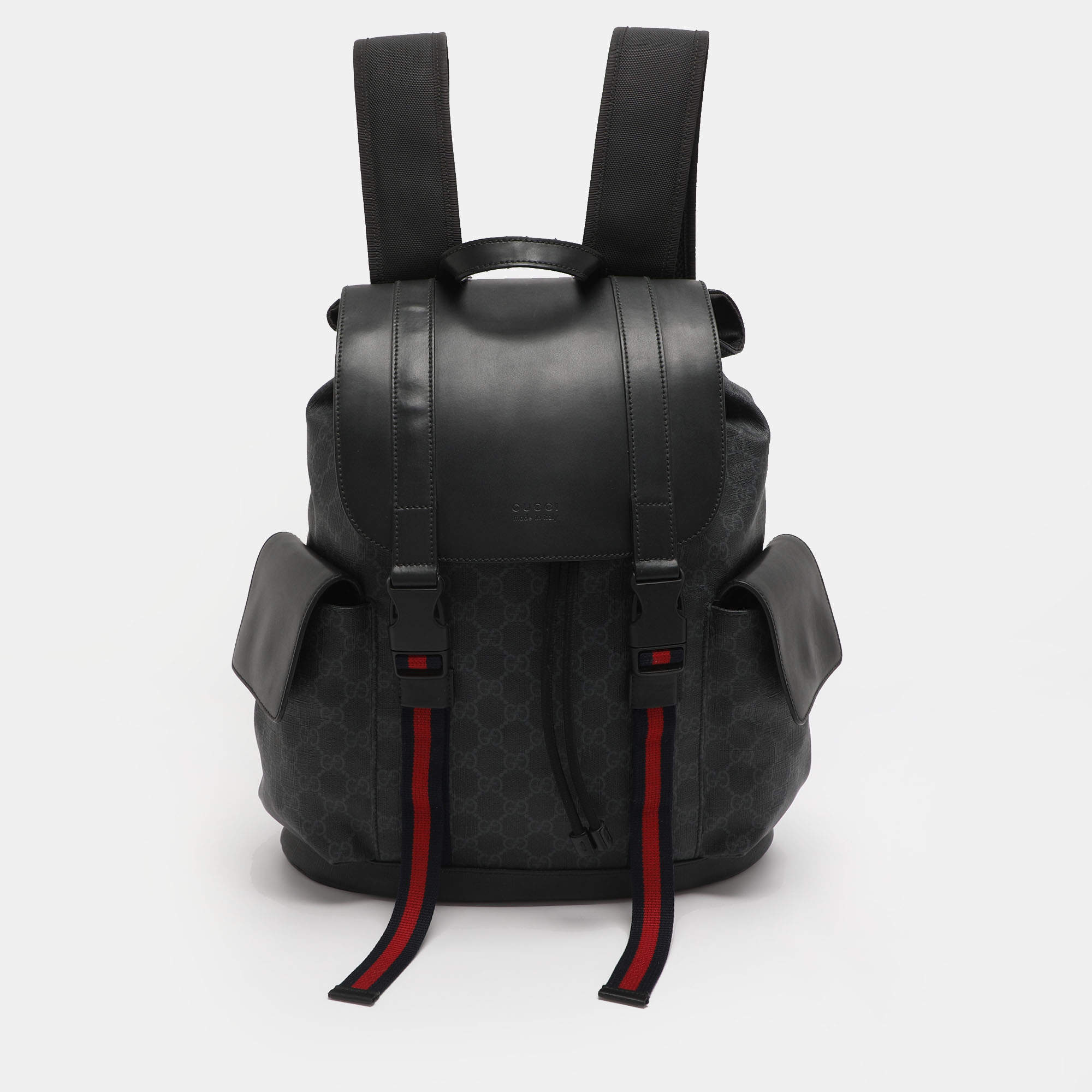 Pre Owned Gucci Black Soft GG Supreme Canvas and Leather Large Drawstring Backpack