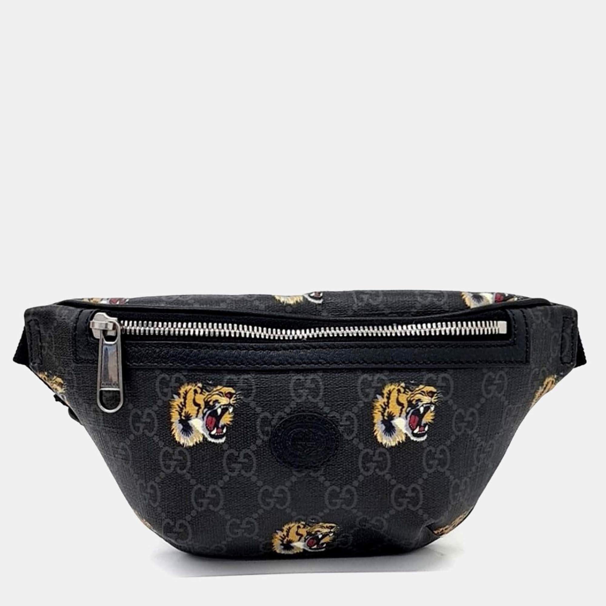 Pre Owned Gucci Grey Coated Canvas Tiger GG Belt Bag