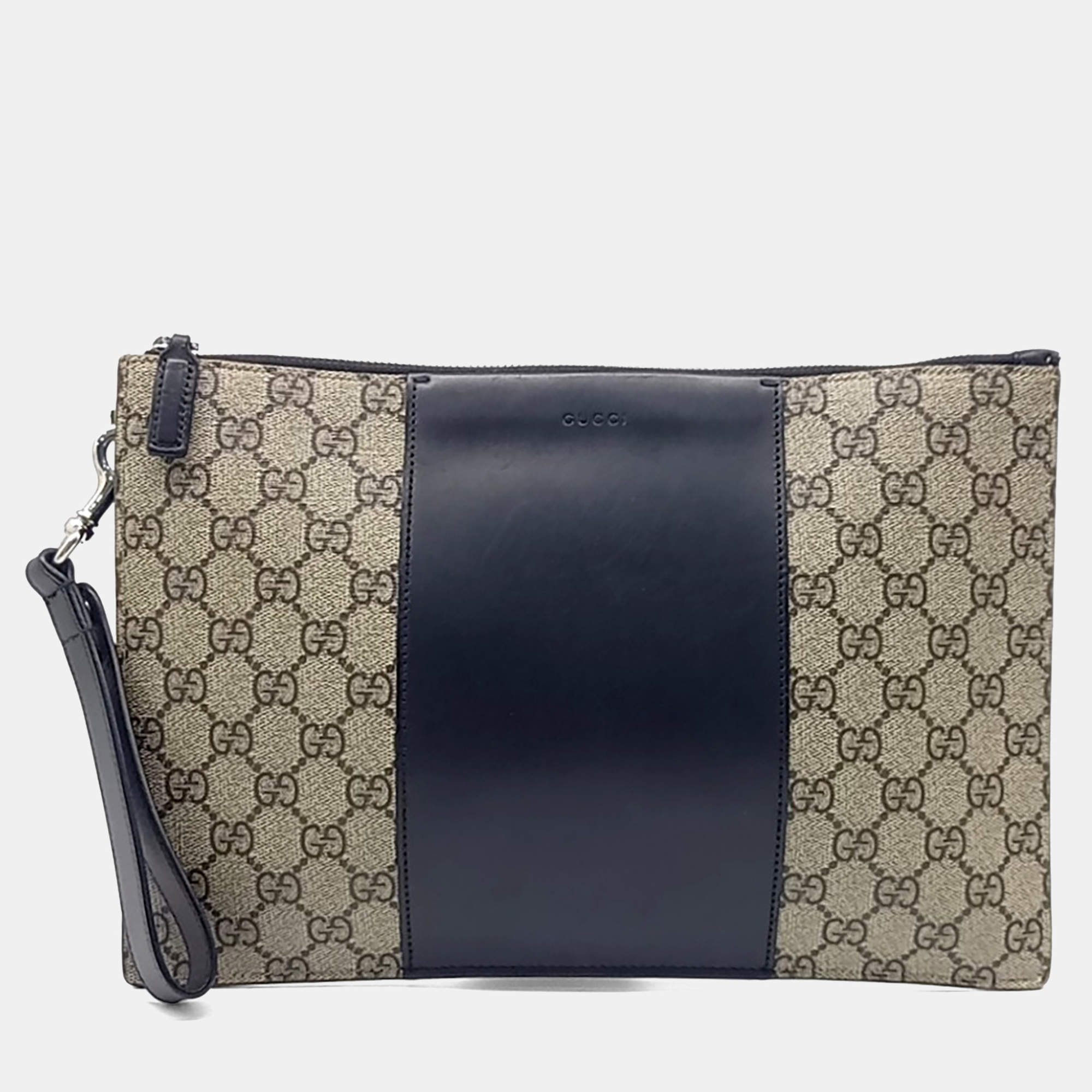 مملوكة مسبقًا Gucci Beige Black Leather and PVC Gg Supreme Clutch