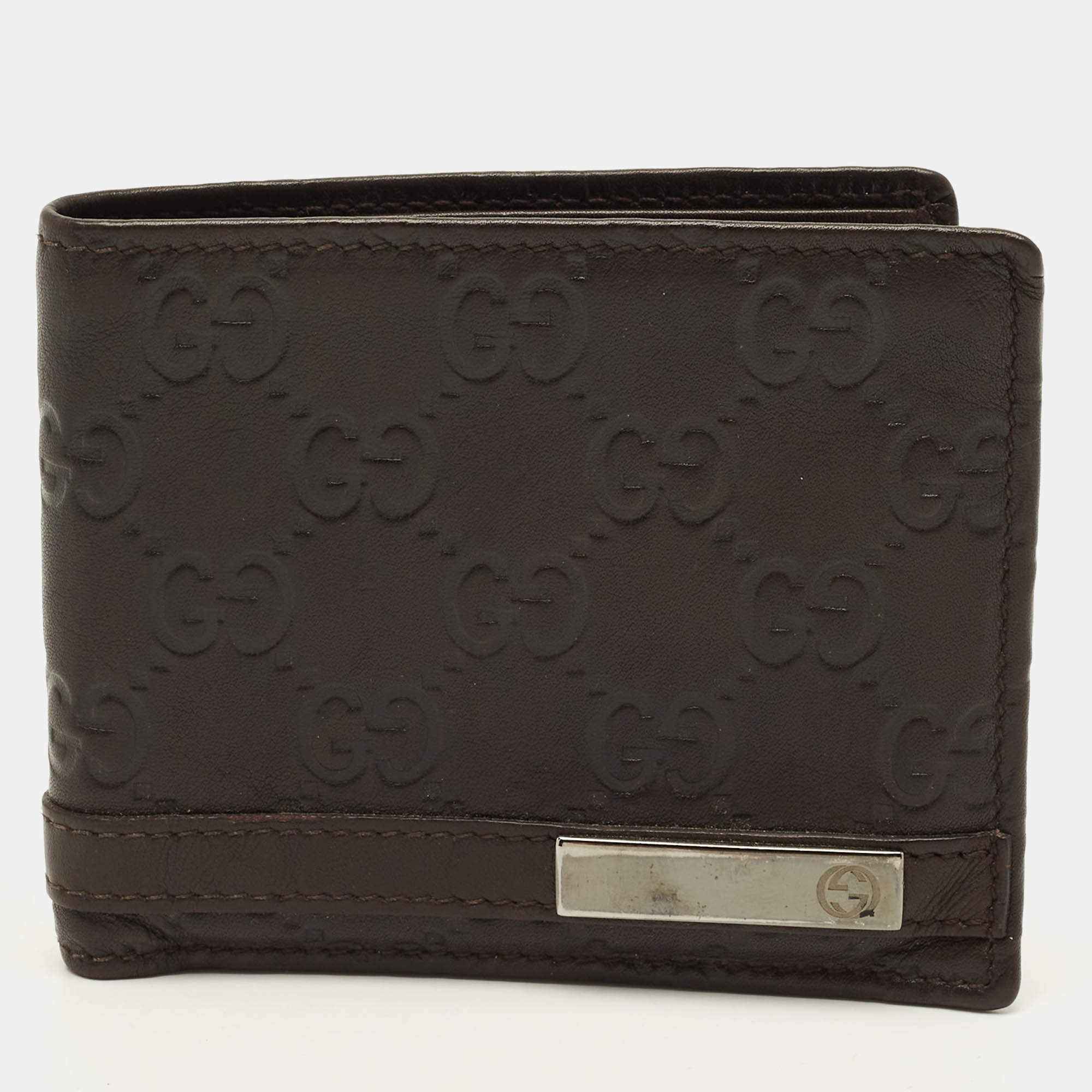 Pre Owned Gucci Logo Metal Dark Brown Guccissima Leather Bifold Wallet