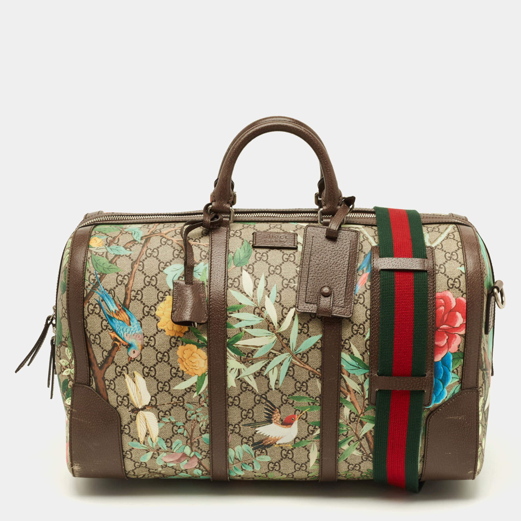 Pre Owned Gucci Tian Brown/Beige GG Supreme Canvas and Leather Duffel Bag