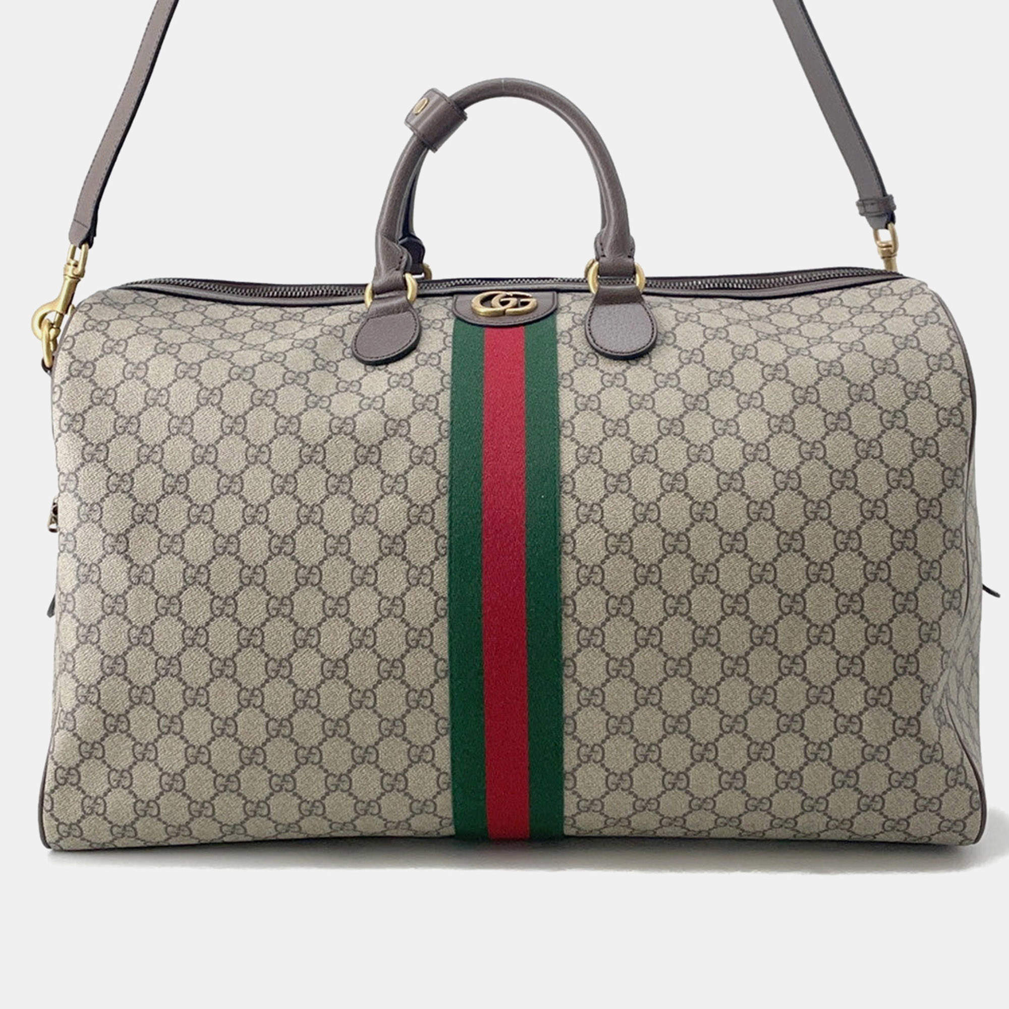 Pre Owned Gucci Gg Supreme Savoy Large Duffle Bag Beige/Brown/Green Gg Supreme Leather Size Large