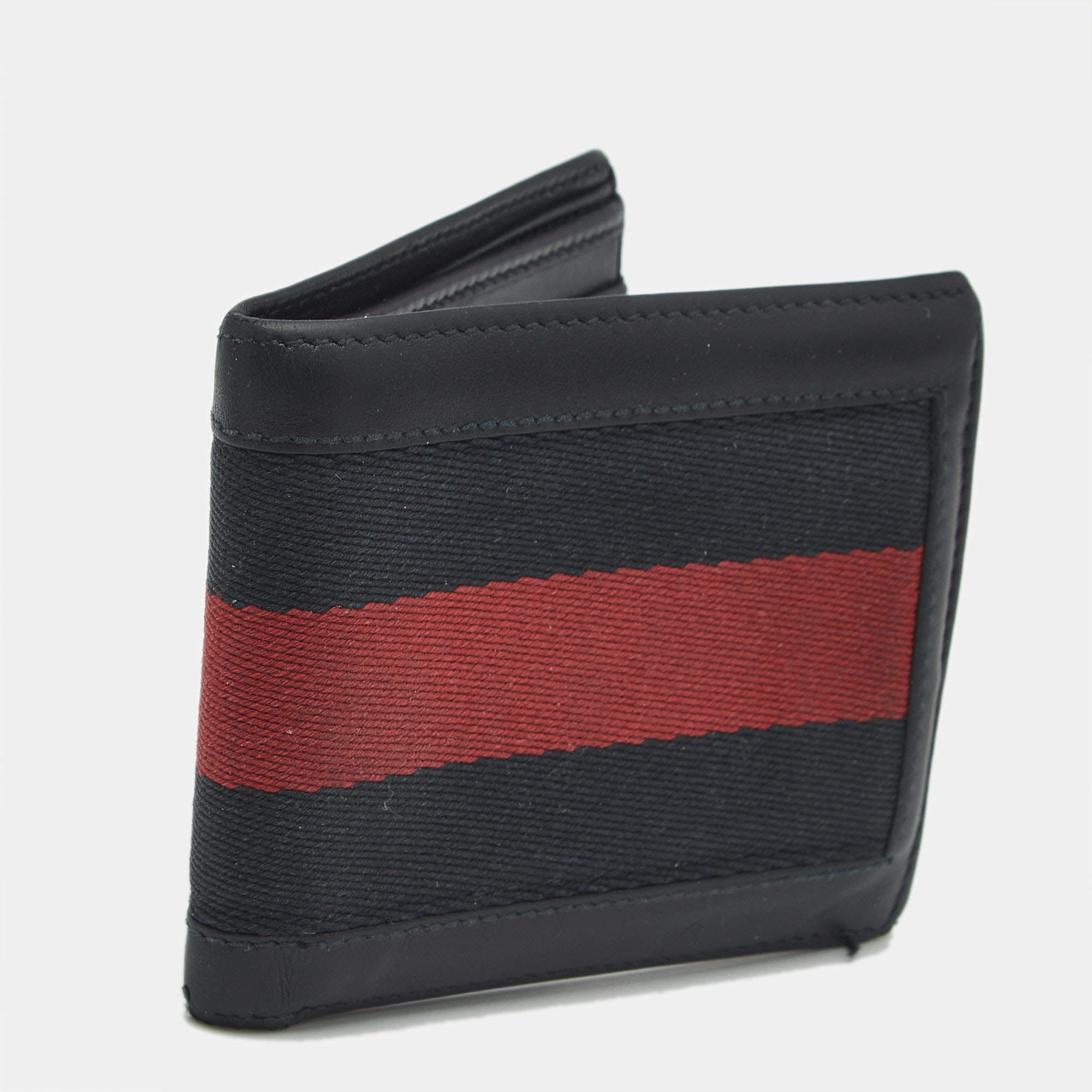 Pre Owned Gucci Black/Red Web and Leather Bifold Wallet