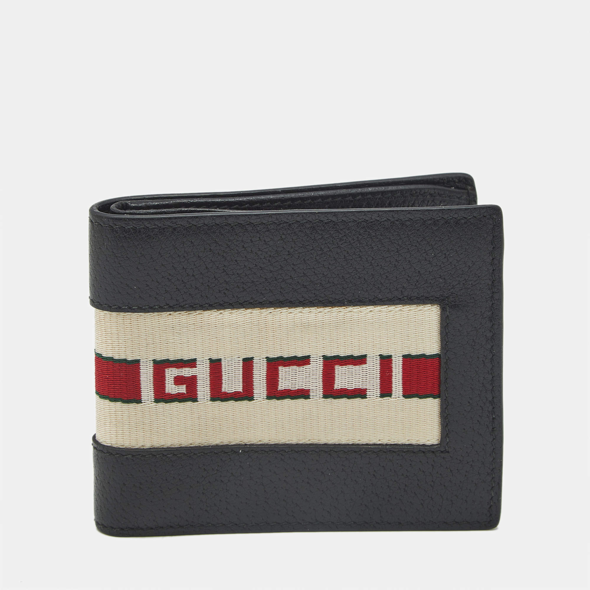 Pre Owned Gucci Logo Web Black Leather Bifold Wallet