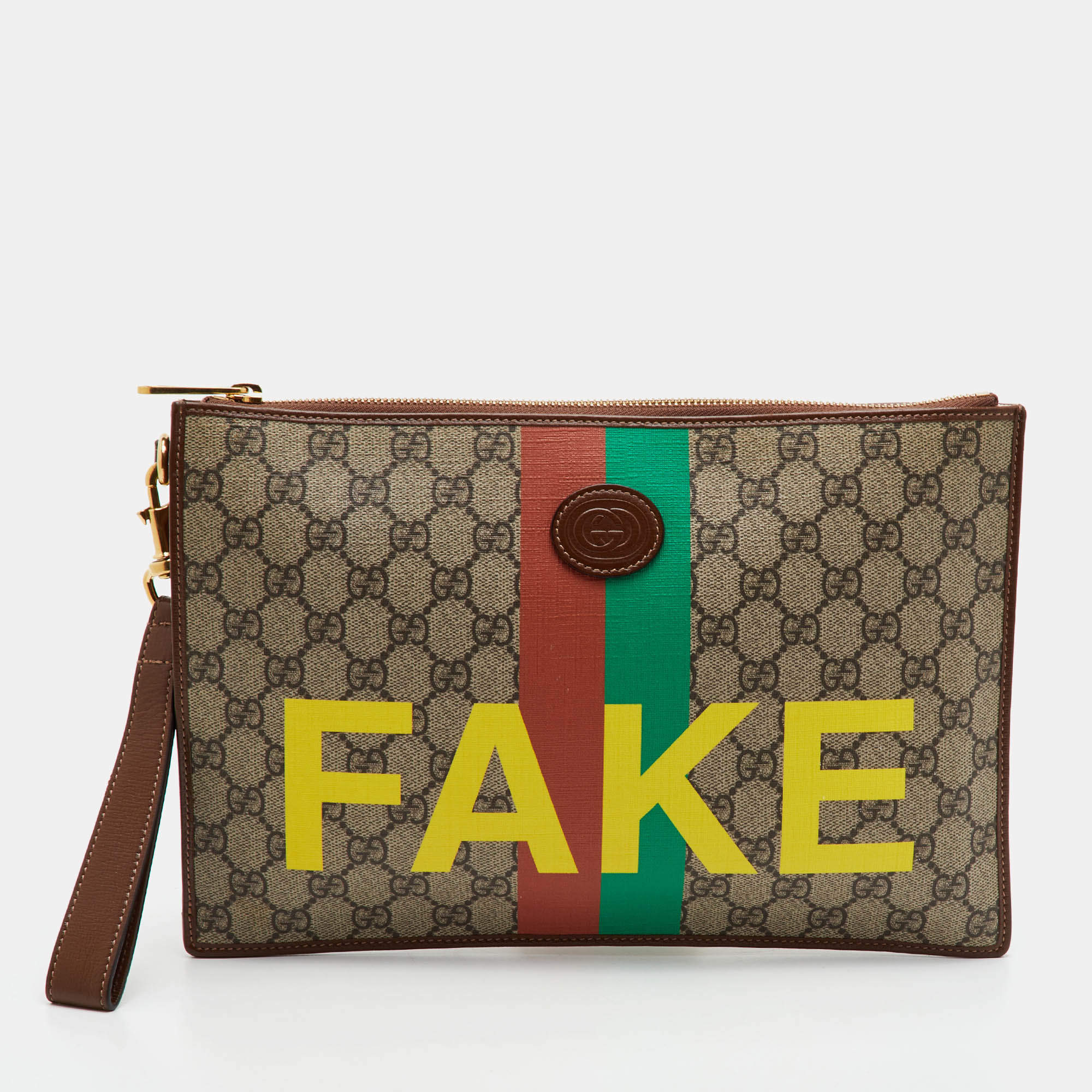 Pre Owned Gucci Interlocking GG Patch Beige/Brown GG Supreme Canvas and Leather "Fake/Not Fake" Pouch