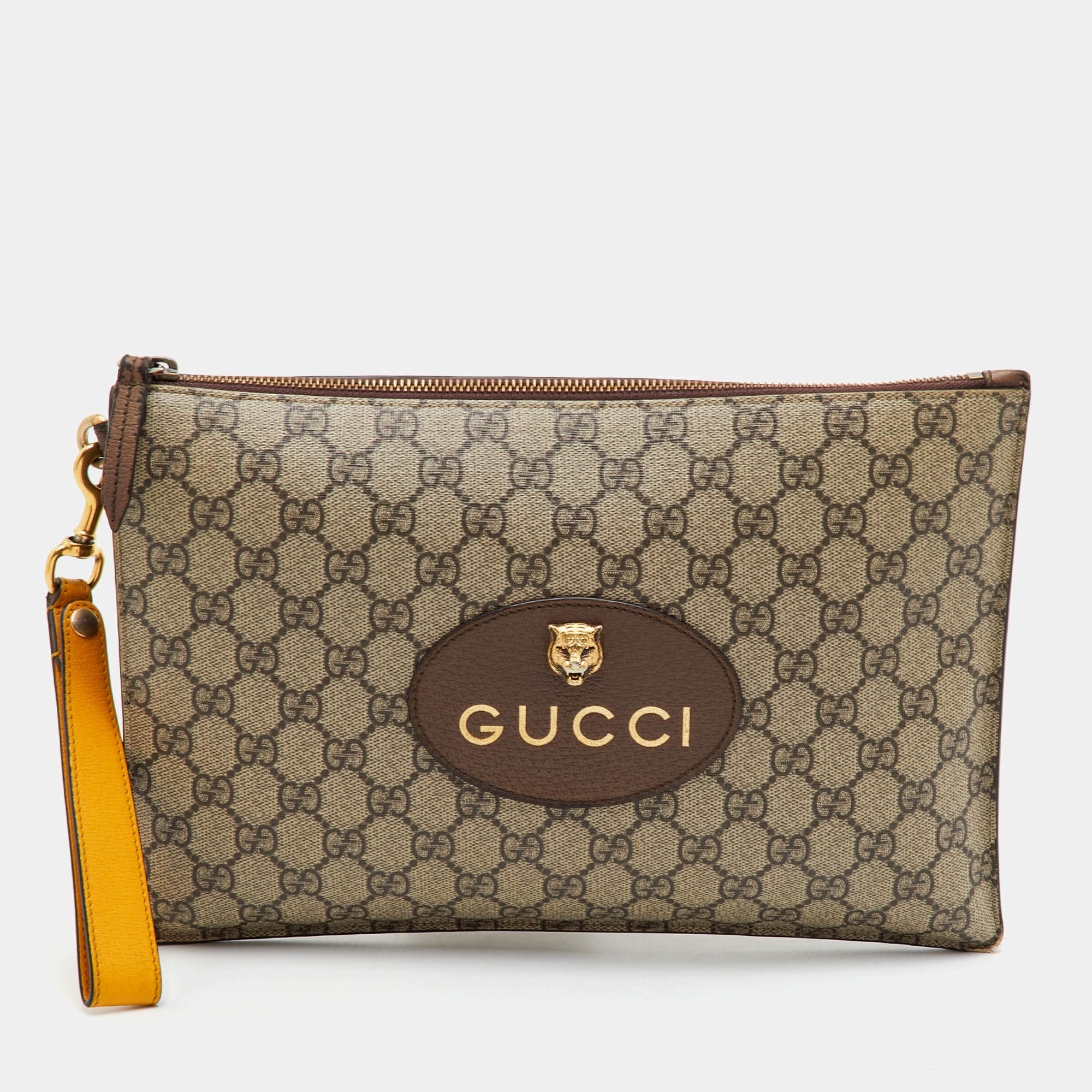 Pre Owned Gucci Neo Vintage Beige/Brown GG Supreme Canvas and Leather Tigre Pouch