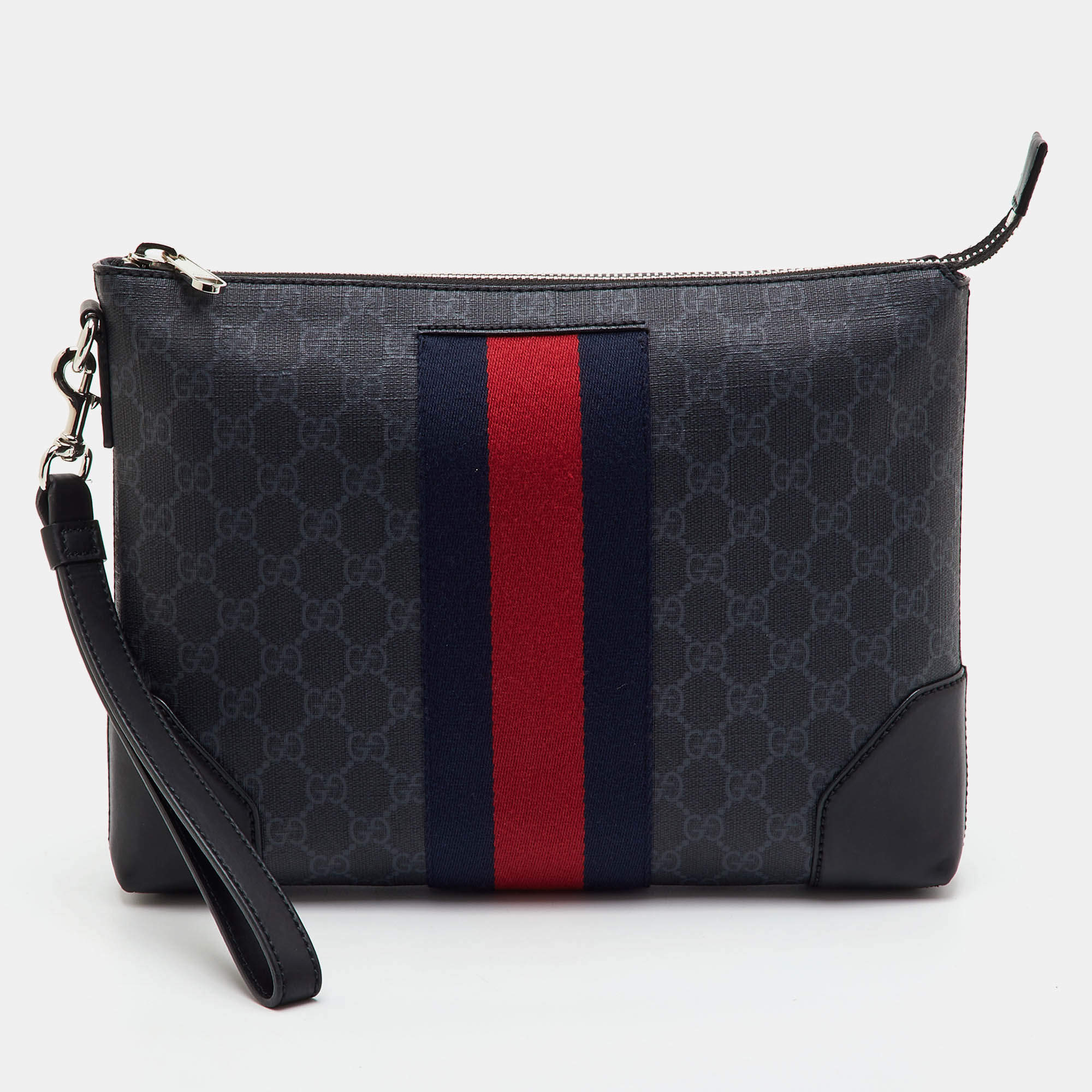 مملوكة مسبقًا Gucci Black GG Supreme Canvas and Leather Web Zip Pouch