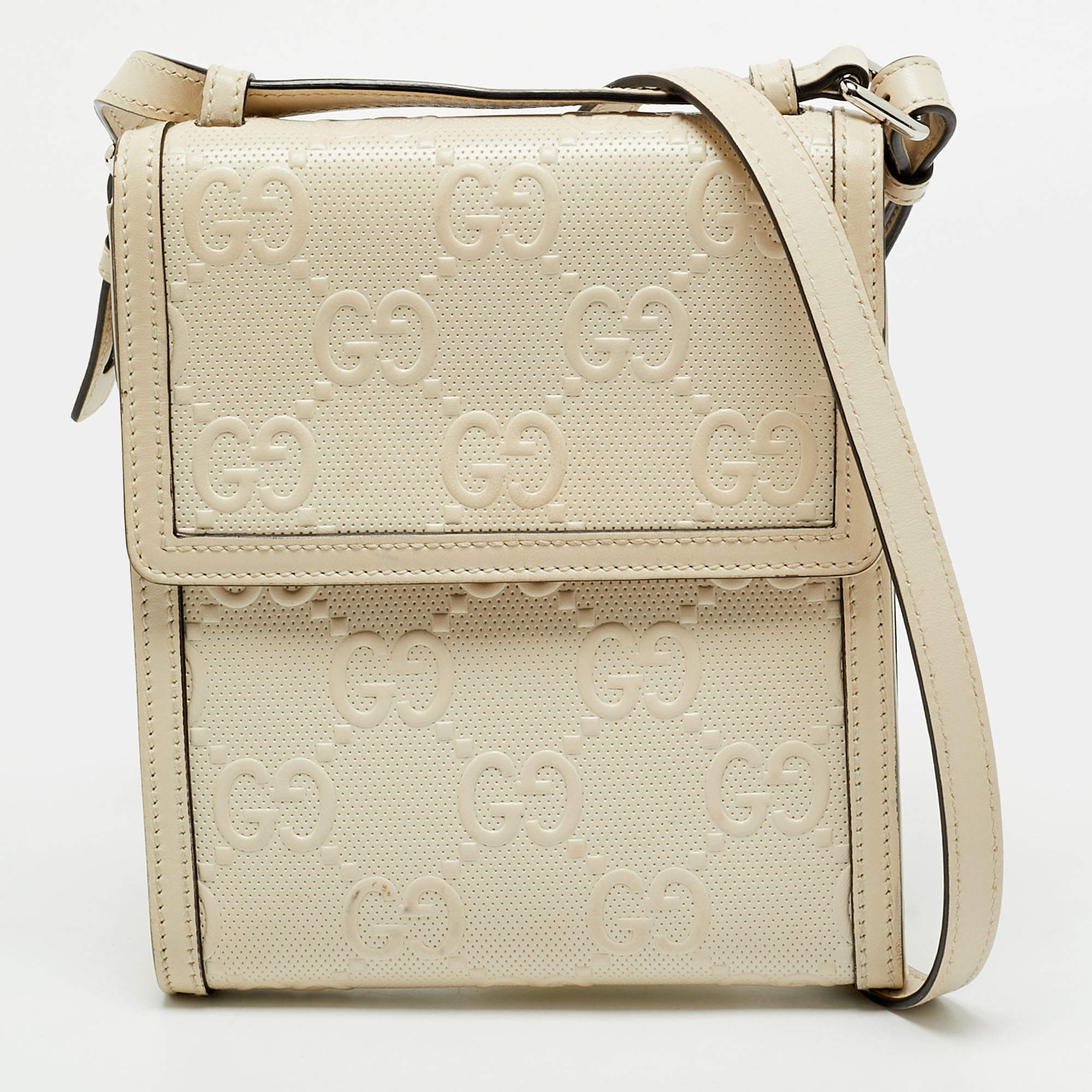 Pre Owned Gucci Perforated Small Off White GG Embossed Leather Messenger Bag