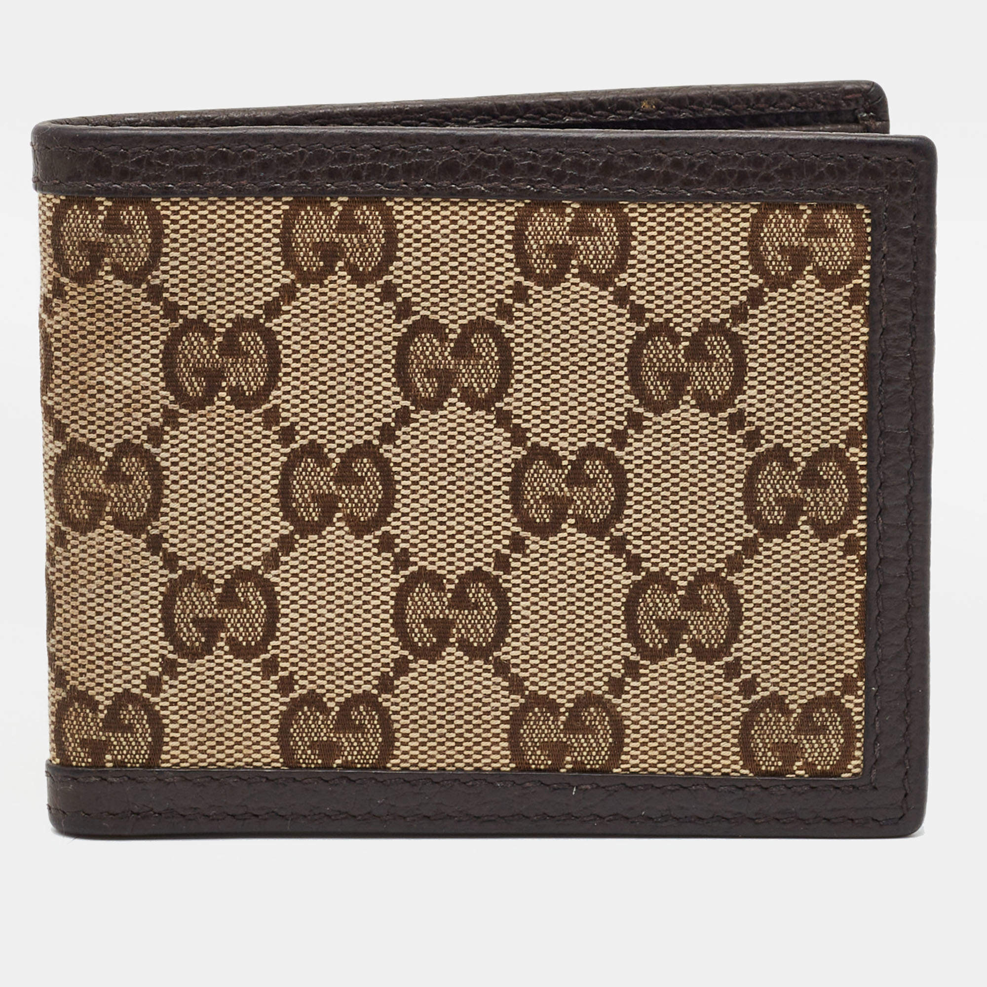 Pre Owned Gucci Beige/Brown GG Canvas and Leather Bifold Wallet
