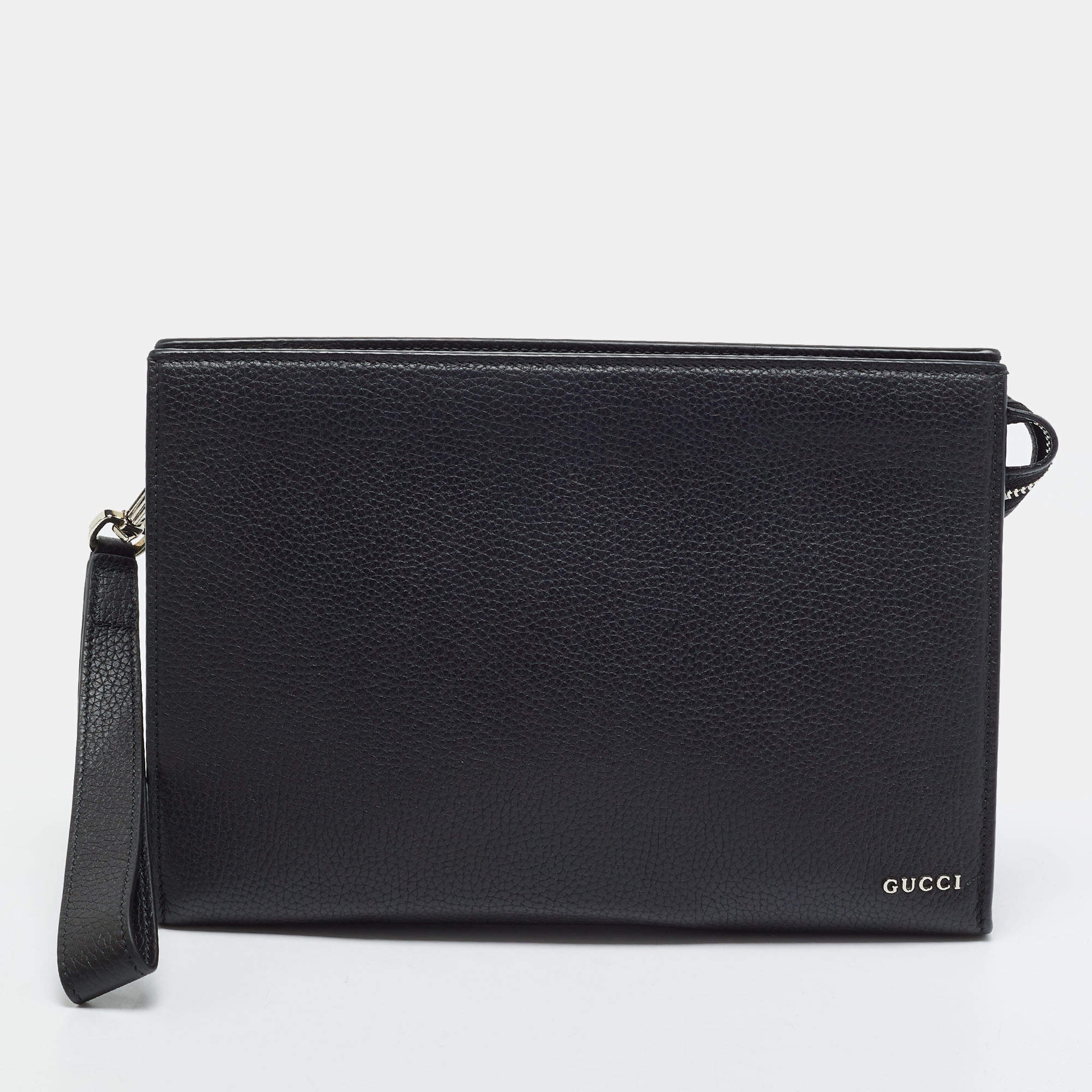 Pre Owned Gucci Logo Medium Black Leather Pouch
