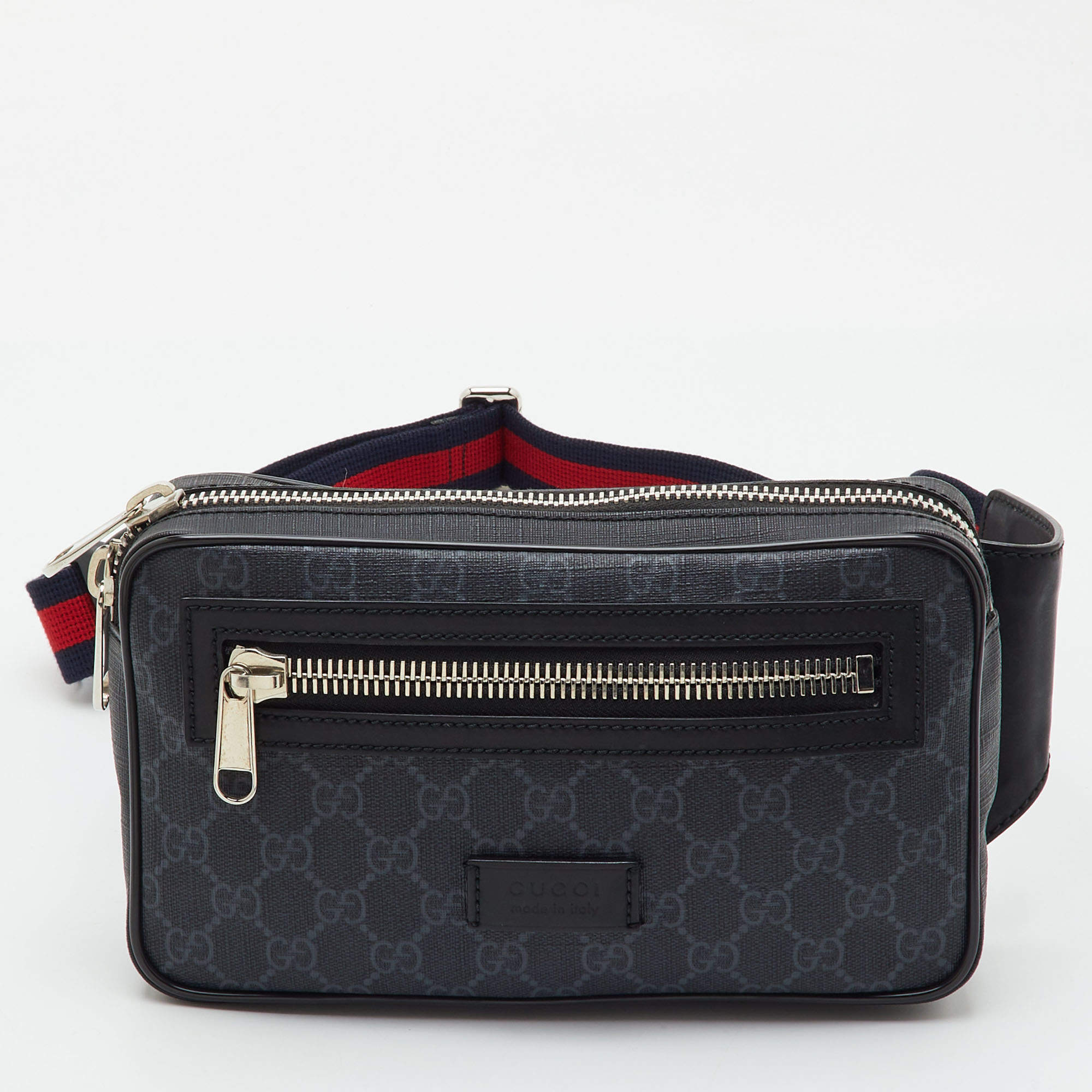 Pre Owned Gucci Soft Zip Small Black GG Supreme Canvas and Leather Belt Bag