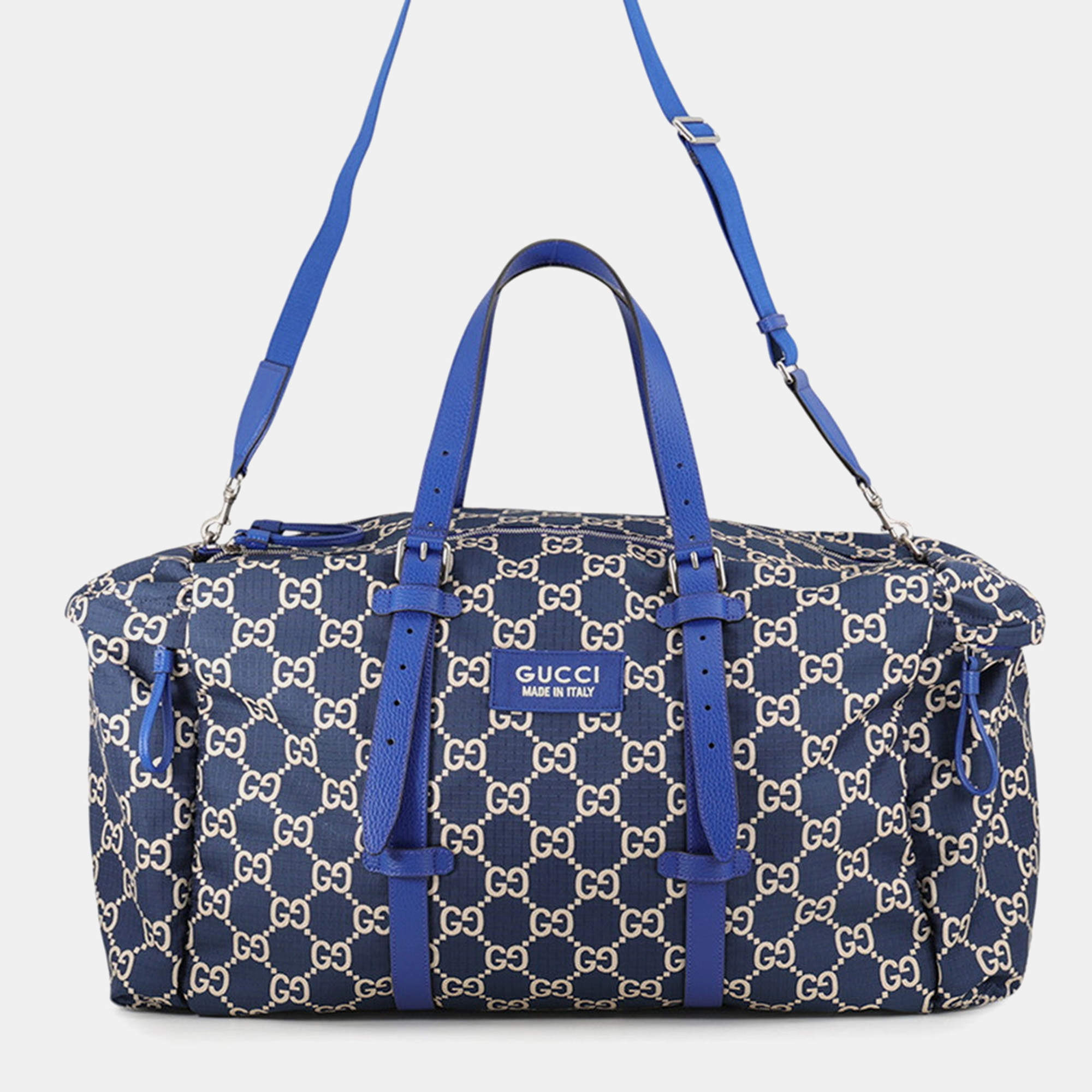 Pre Owned Gucci Maxi GG Duffle Blue Nylon Leather Satchel Bag