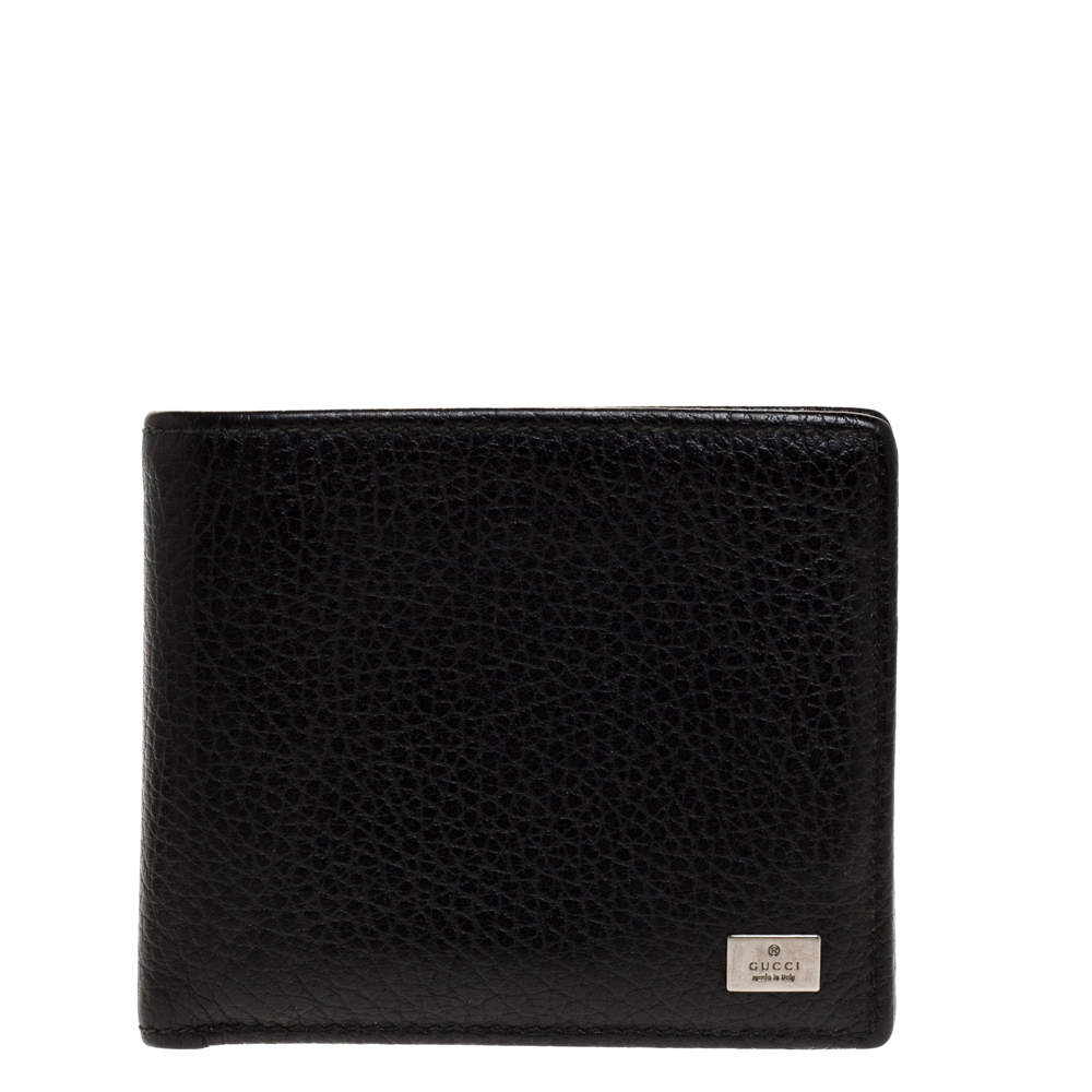 Gucci Black Leather Logo Plaque Bifold Compact Wallet