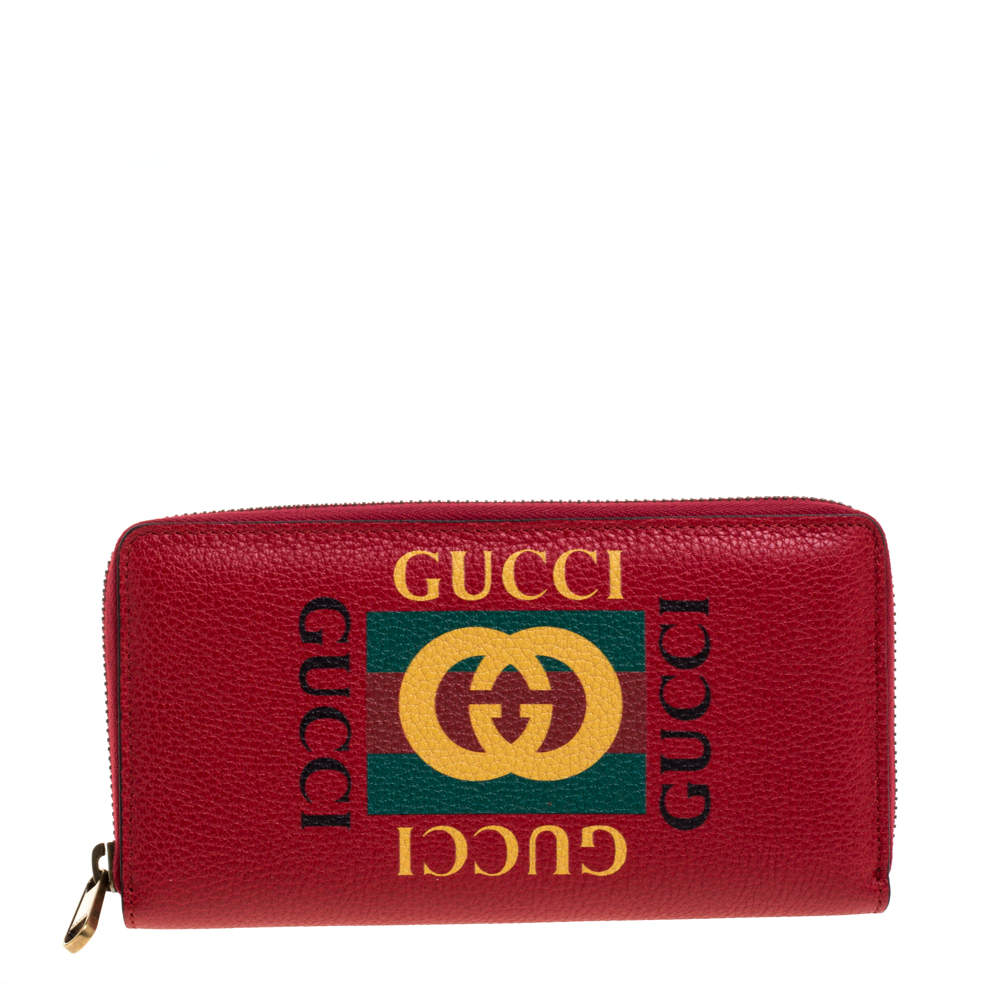 Pre Owned Gucci Red Grained Leather Logo Zip Around Continental Wallet