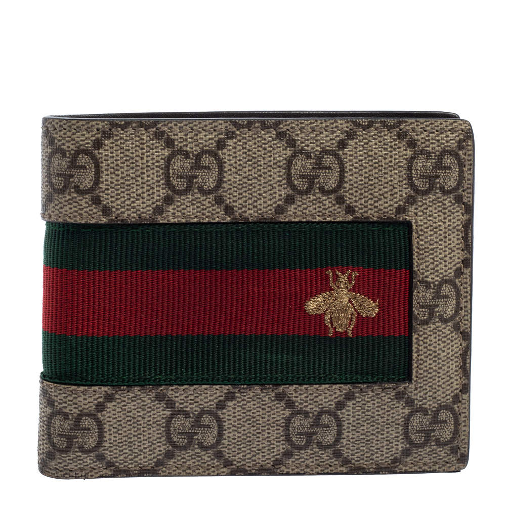 Gucci Beige GG Supreme Canvas Signature Web Bifold Wallet 