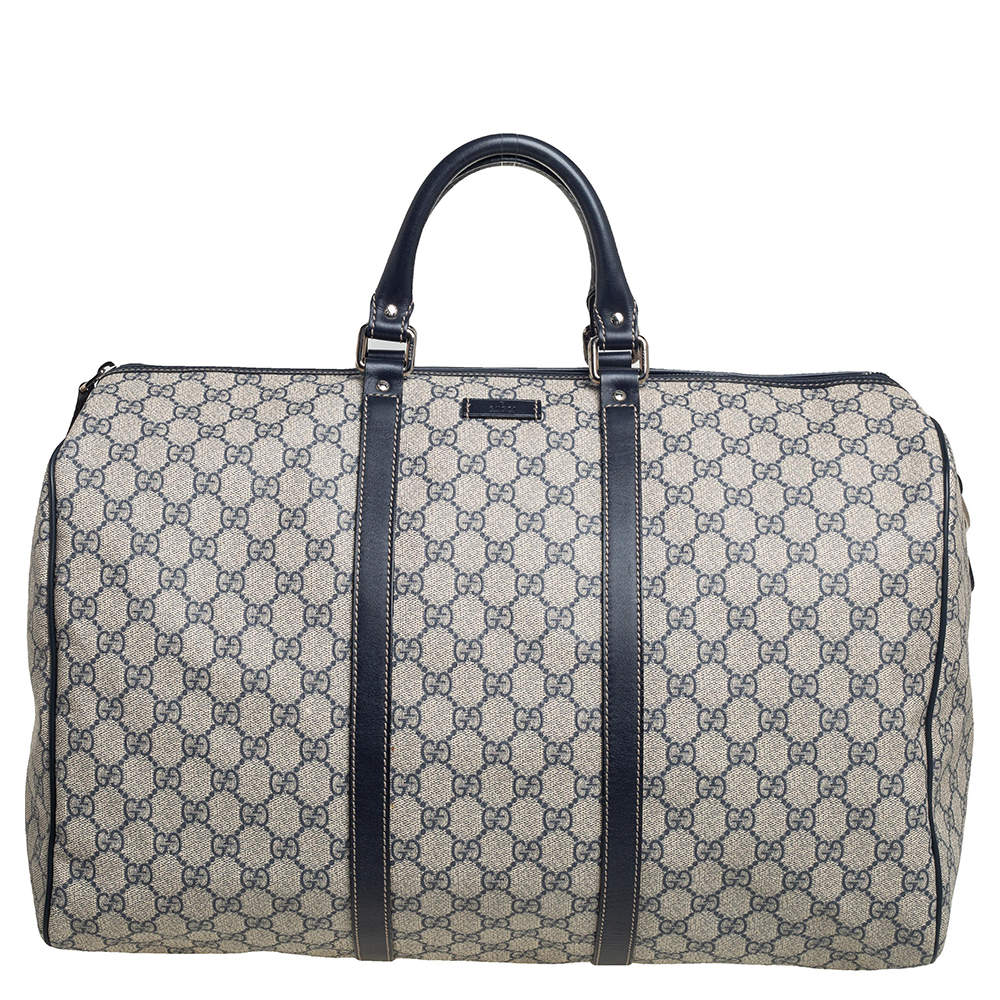 Pre Owned Gucci Navy Blue GG Supreme Canvas Leather Medium Carry On Duffle Bag