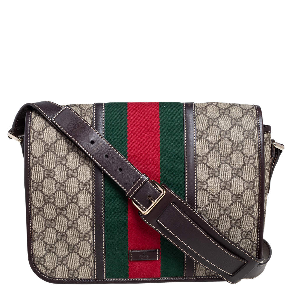 Pre Owned حقيبة ماسنجر غوتشي بتصميم ويب من الأمام جلد وكانفاس مقوى سوبريم GG بني