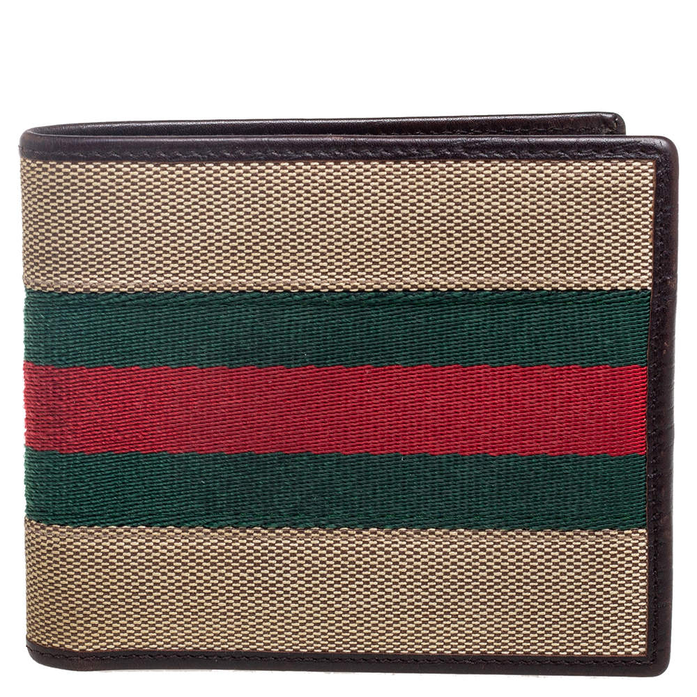 Gucci Brown Leather and Canvas Web Bifold Wallet