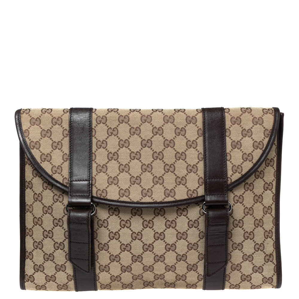 Pre Owned Gucci Beige/Brown GG Canvas And Leather Laptop Briefcase