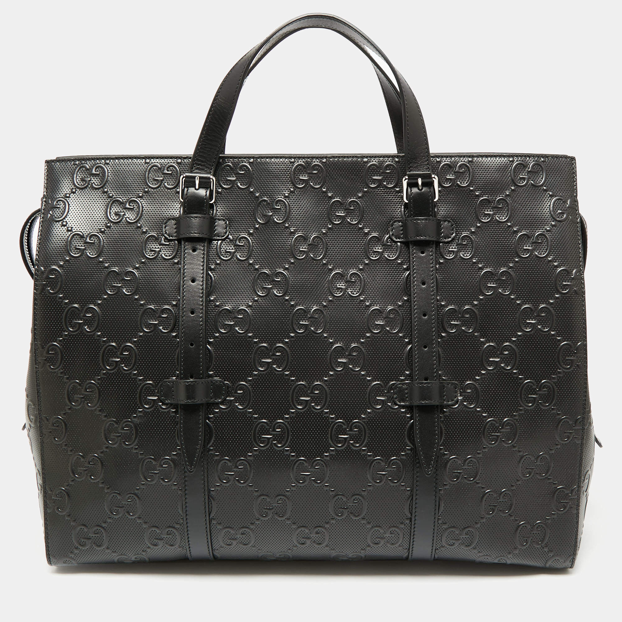 Pre Owned Gucci Black Perforated GG Embossed Leather Tote