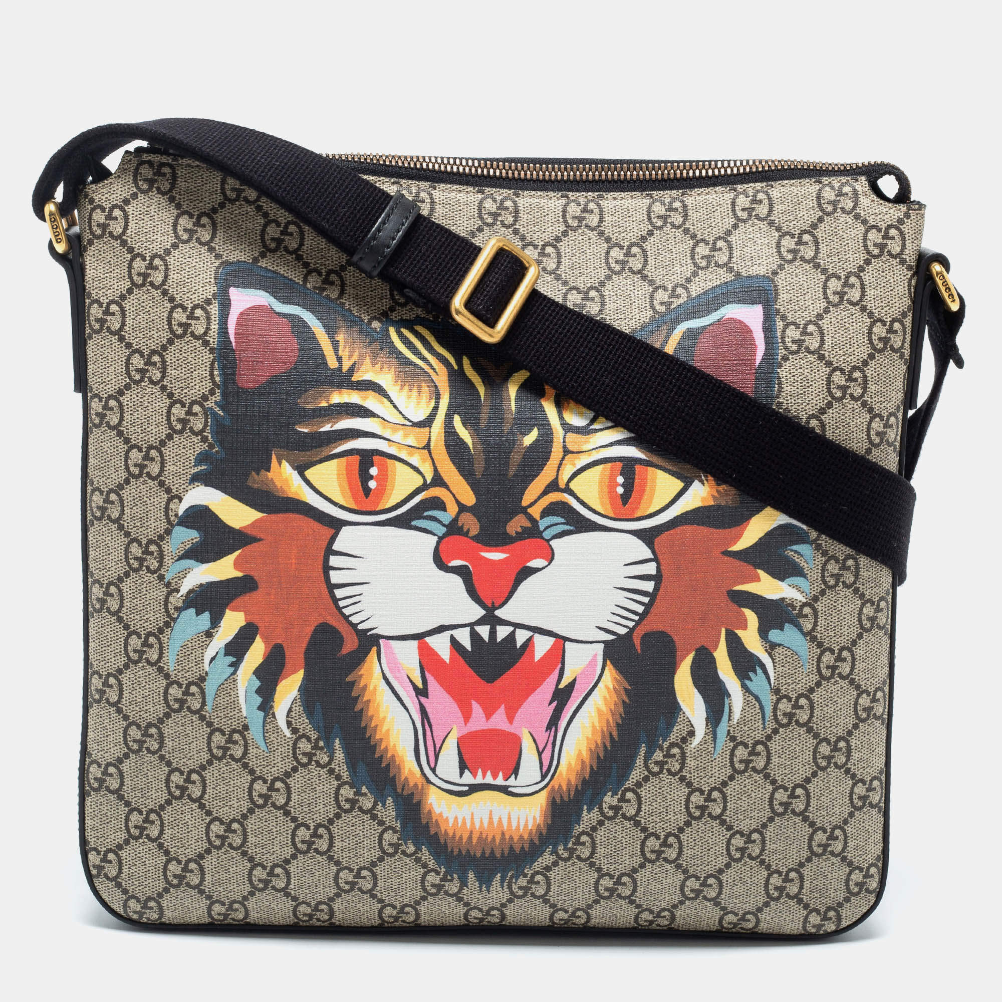 Pre Owned Gucci Beige/Black GG Supreme Canvas And Leather Angry Cat Print Flat Messenger Bag