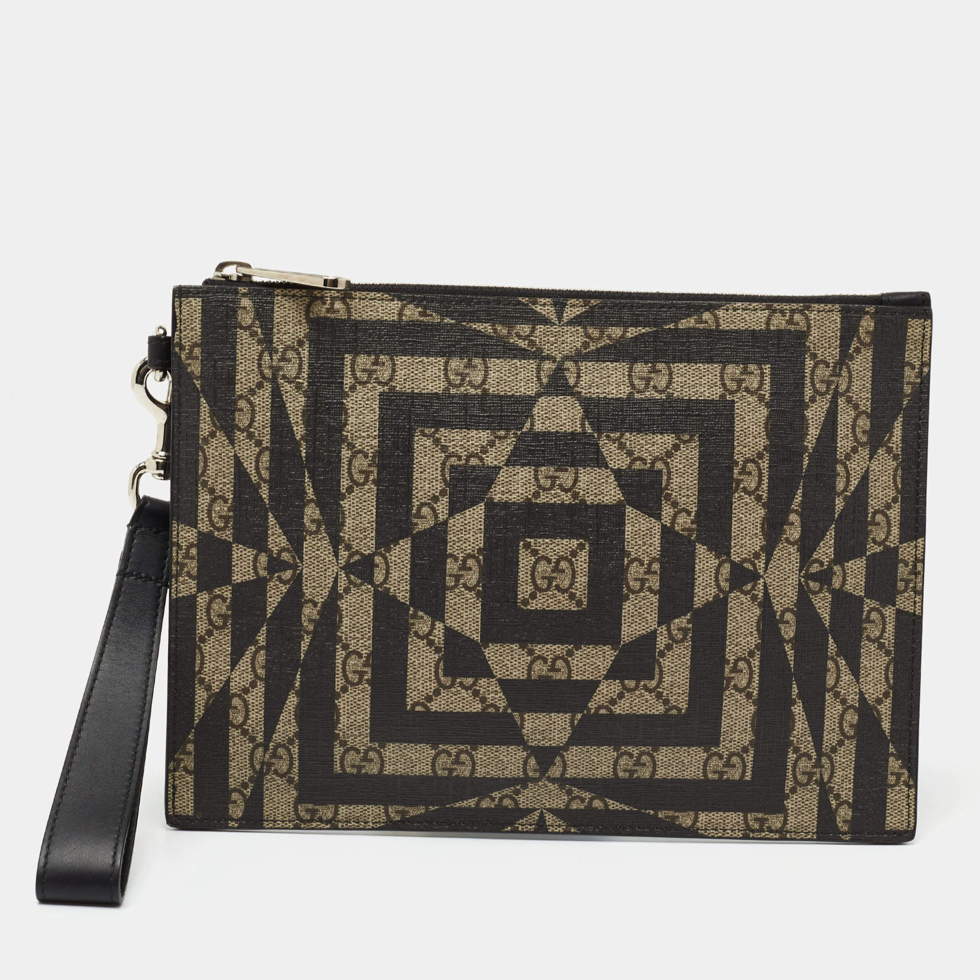 Gucci Beige/Black GG Supreme Canvas Wristlet Pouch