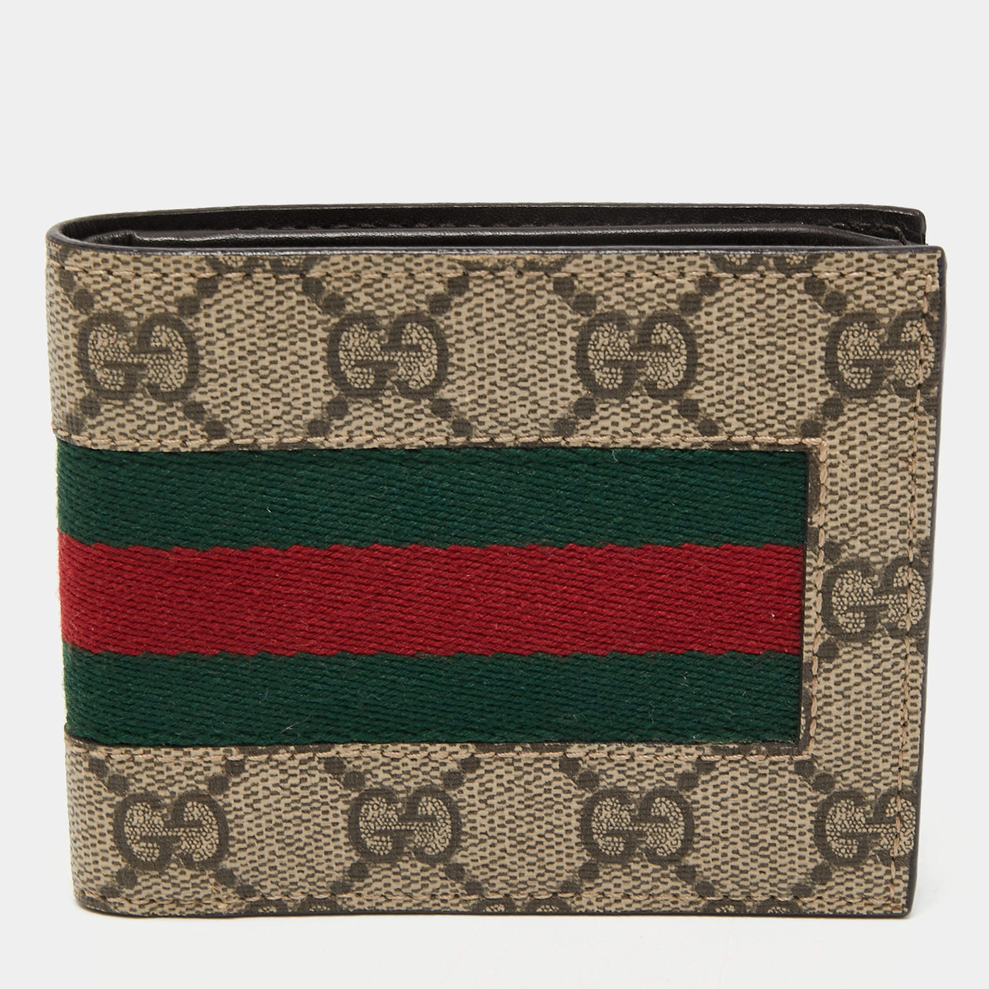 Gucci Beige GG Supreme Canvas Web Bifold Wallet 
