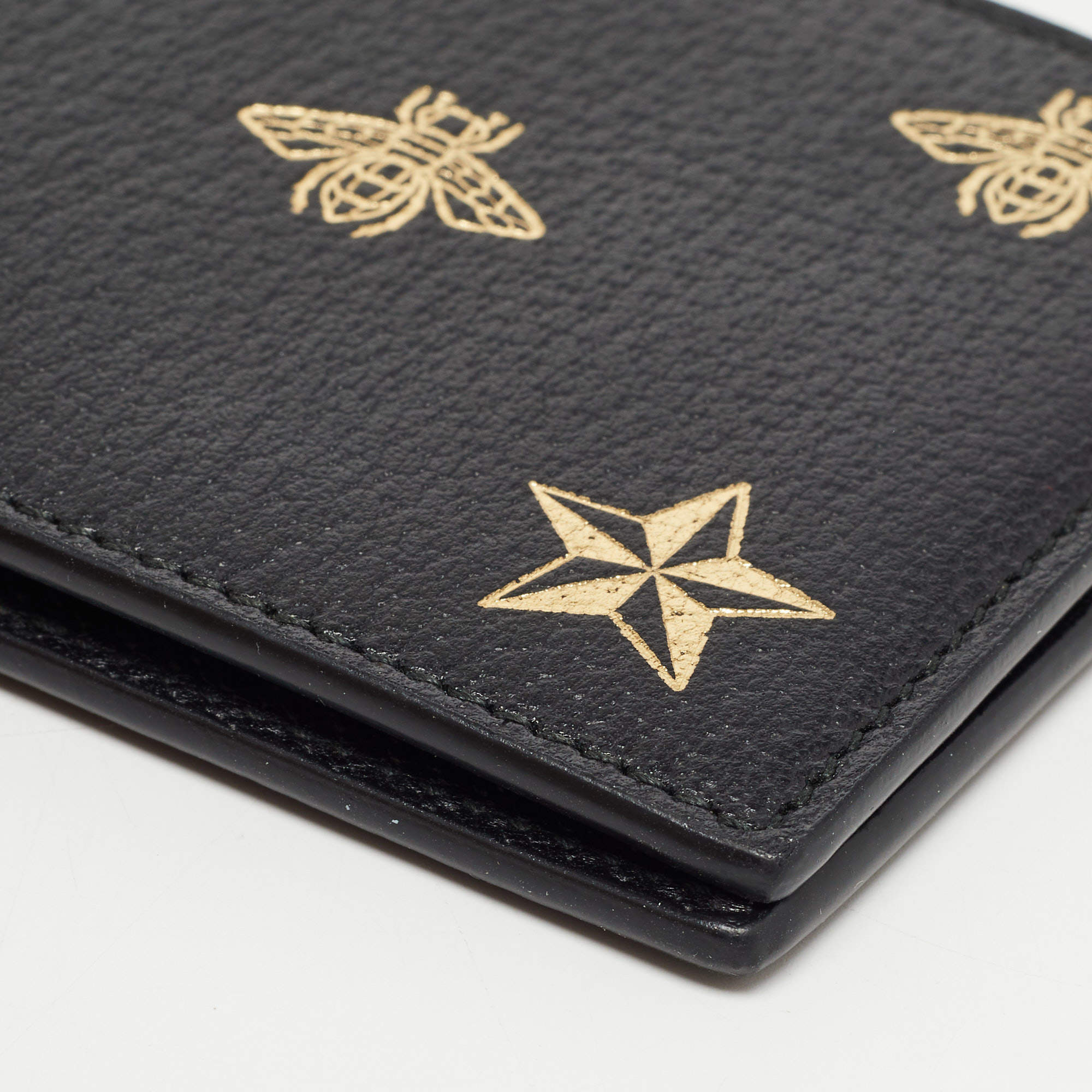 Black Leather Bee Star Bi-Fold Wallet