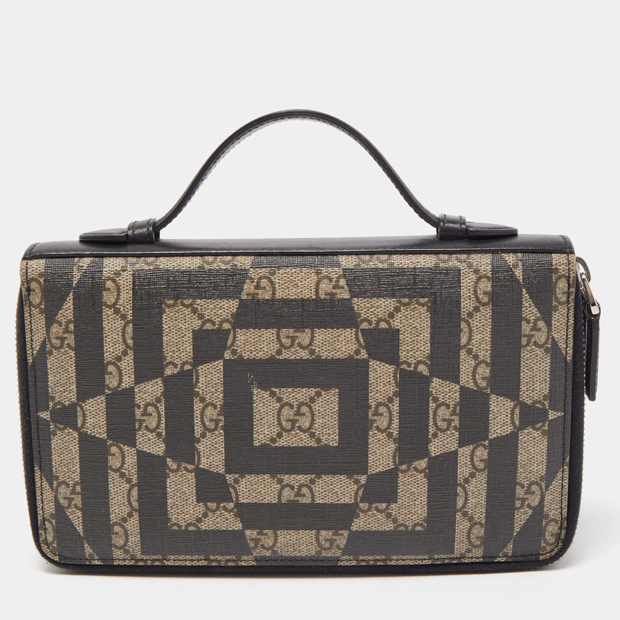 Gucci Black/Beige Printed GG Supreme and Leather Zip Around Travel Clutch