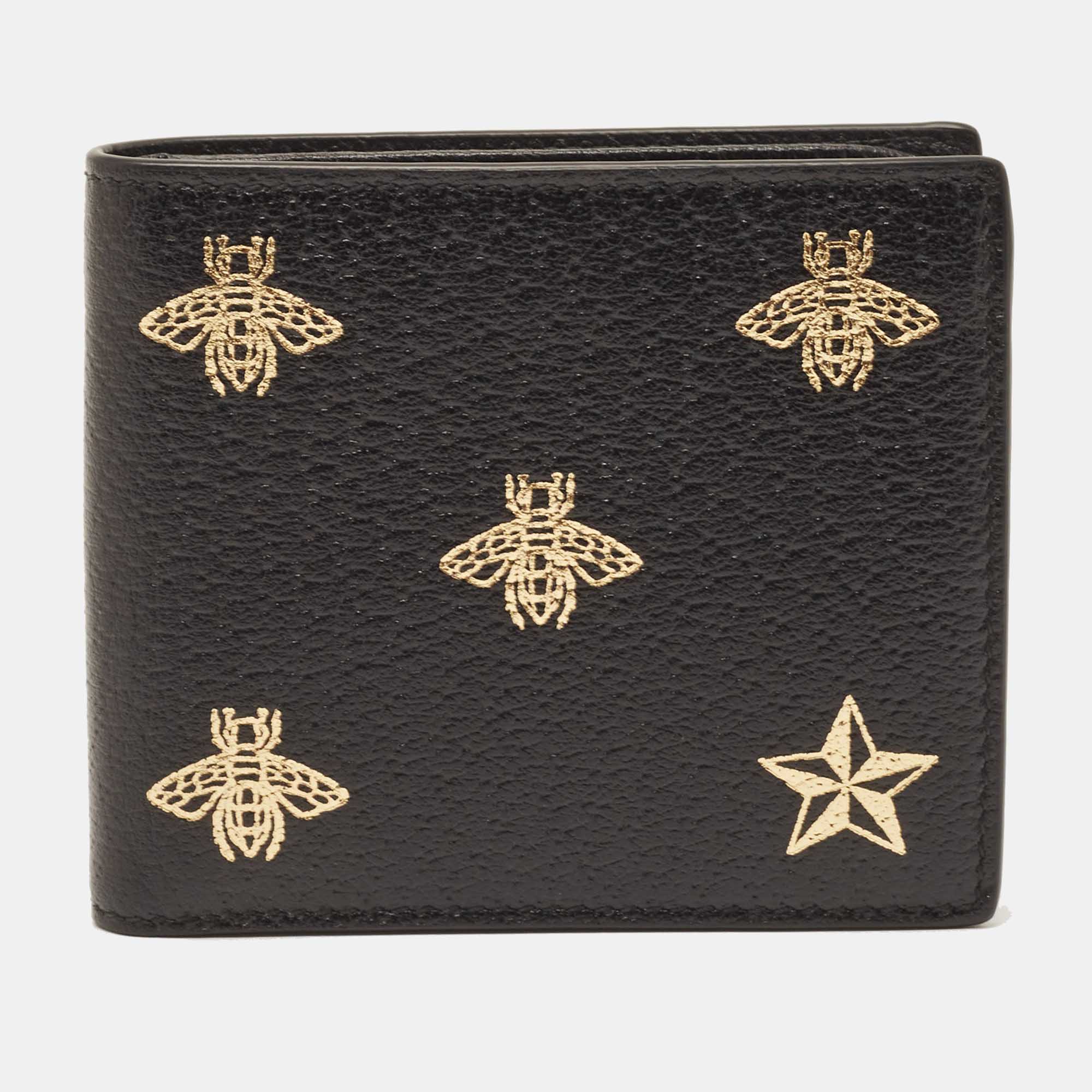 Gucci Black Leather Bee Star Bifold Wallet