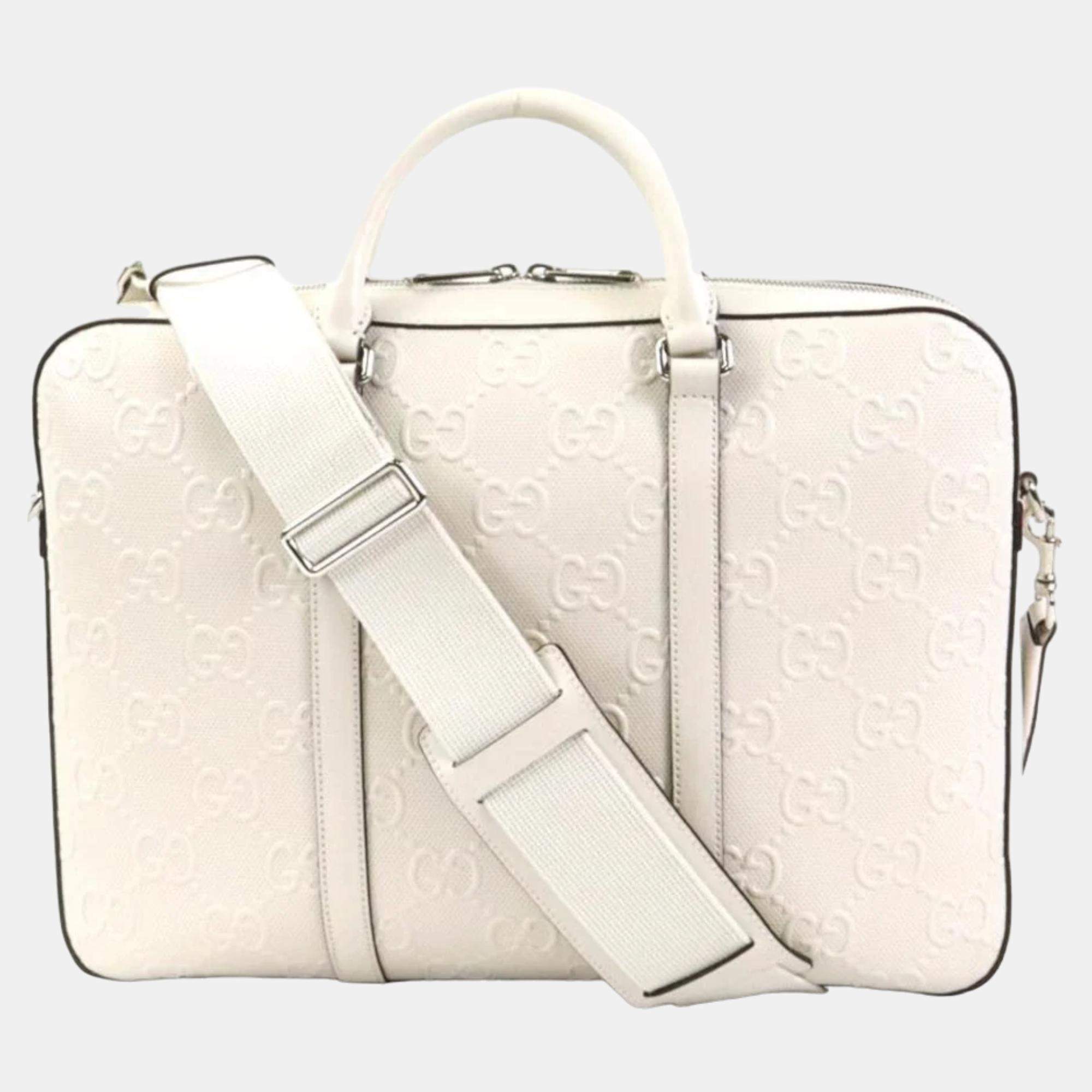 Gucci GG Embossed Shoulder Bag White in Leather with Silver-tone - US