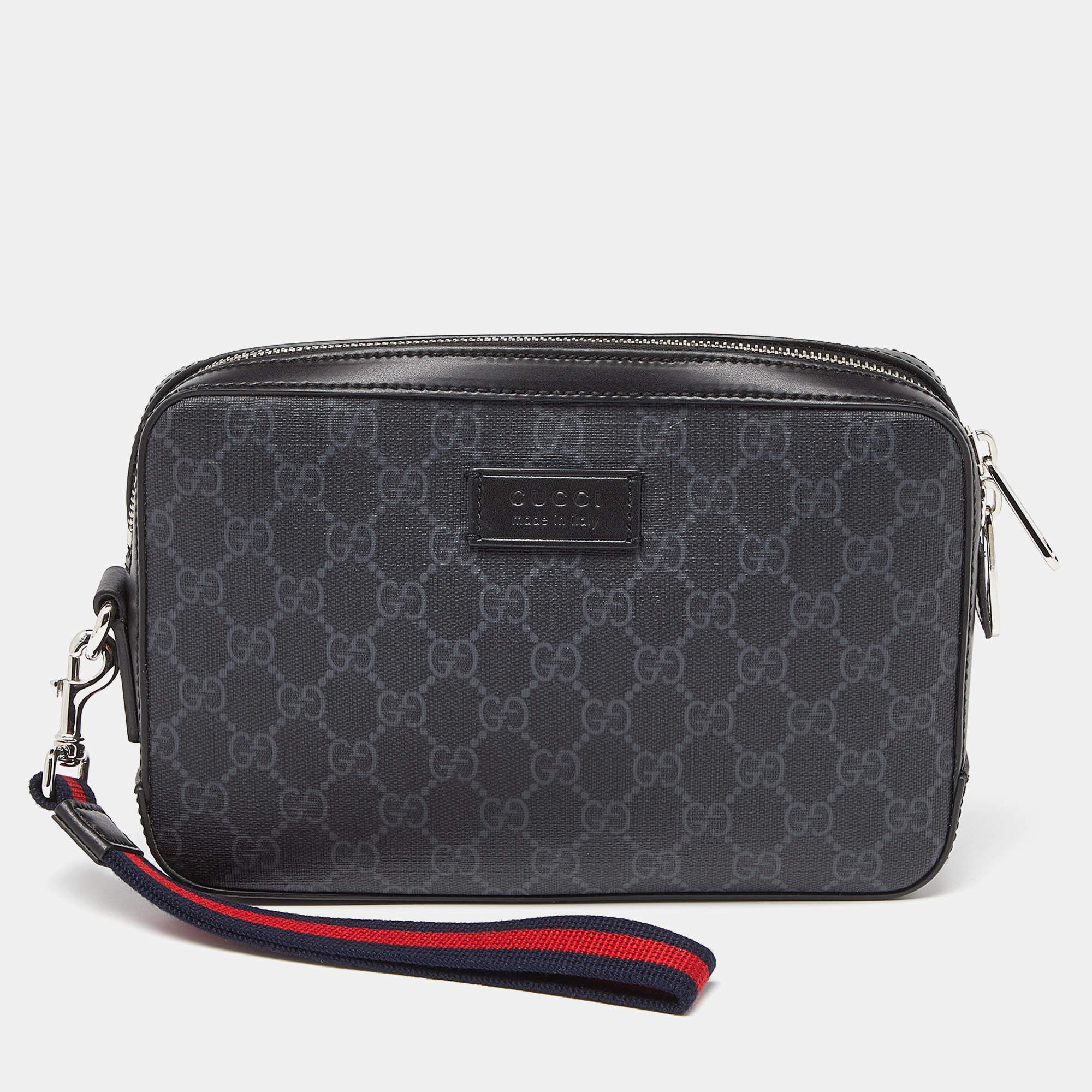 Gucci Black/Grey GG Supreme Canvas and Leather Wristlet Pouch