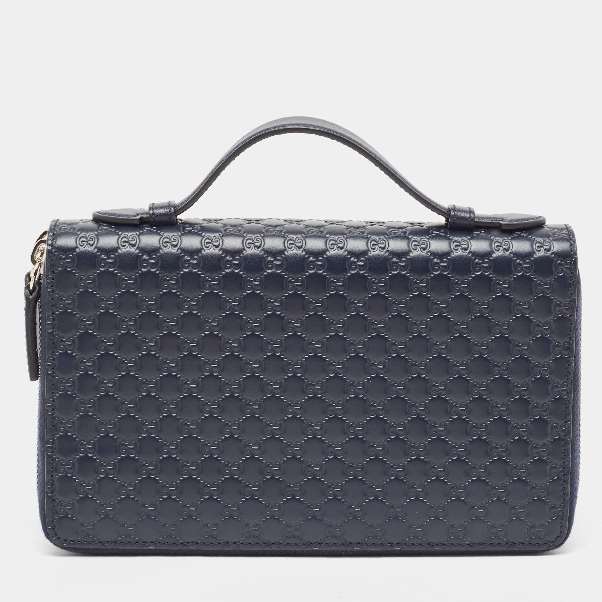 Pre Owned Gucci Navy Blue Microguccissima Leather Zip Around Travel Wallet