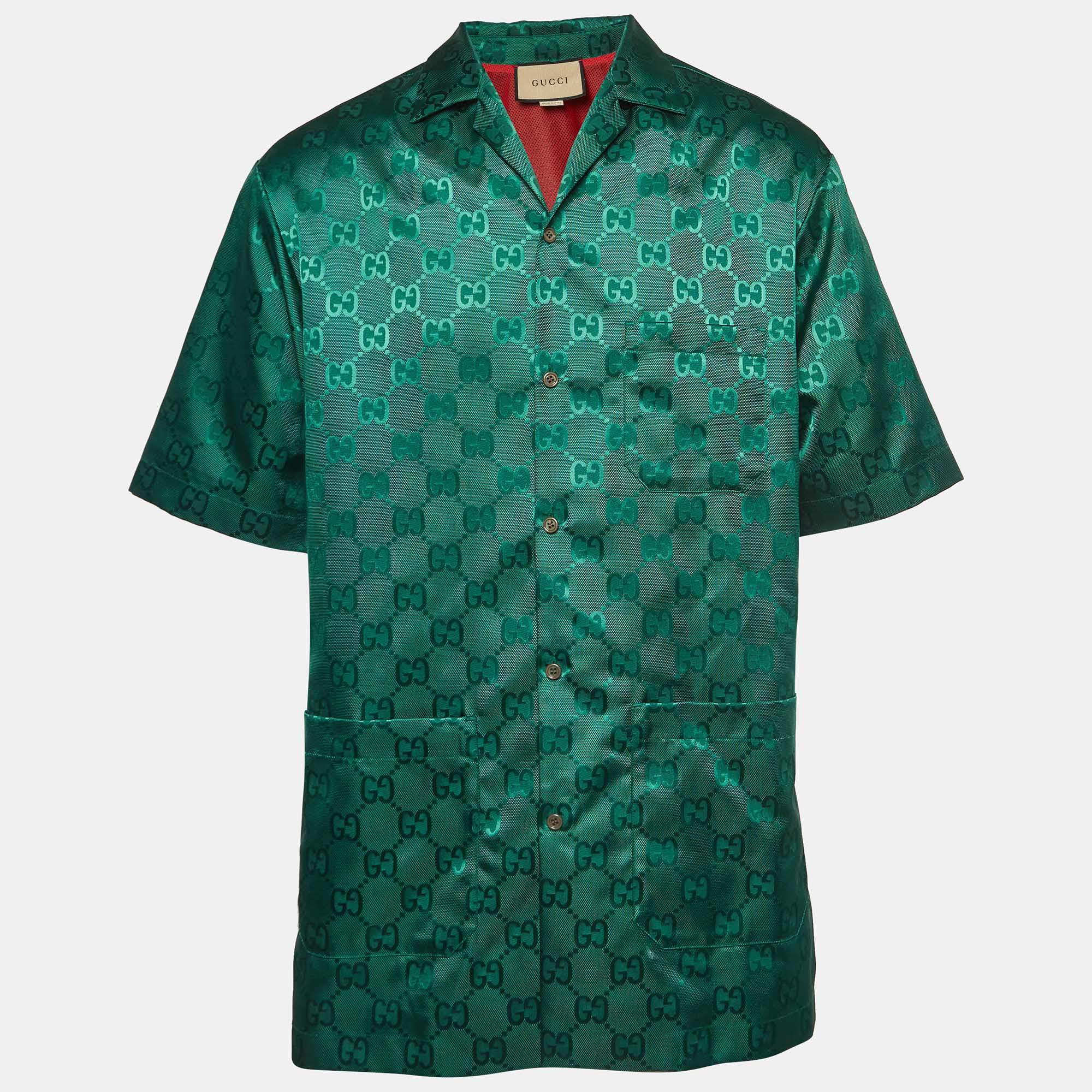 Gucci Green GG Interlocking Canvas Bowling Shirt S 