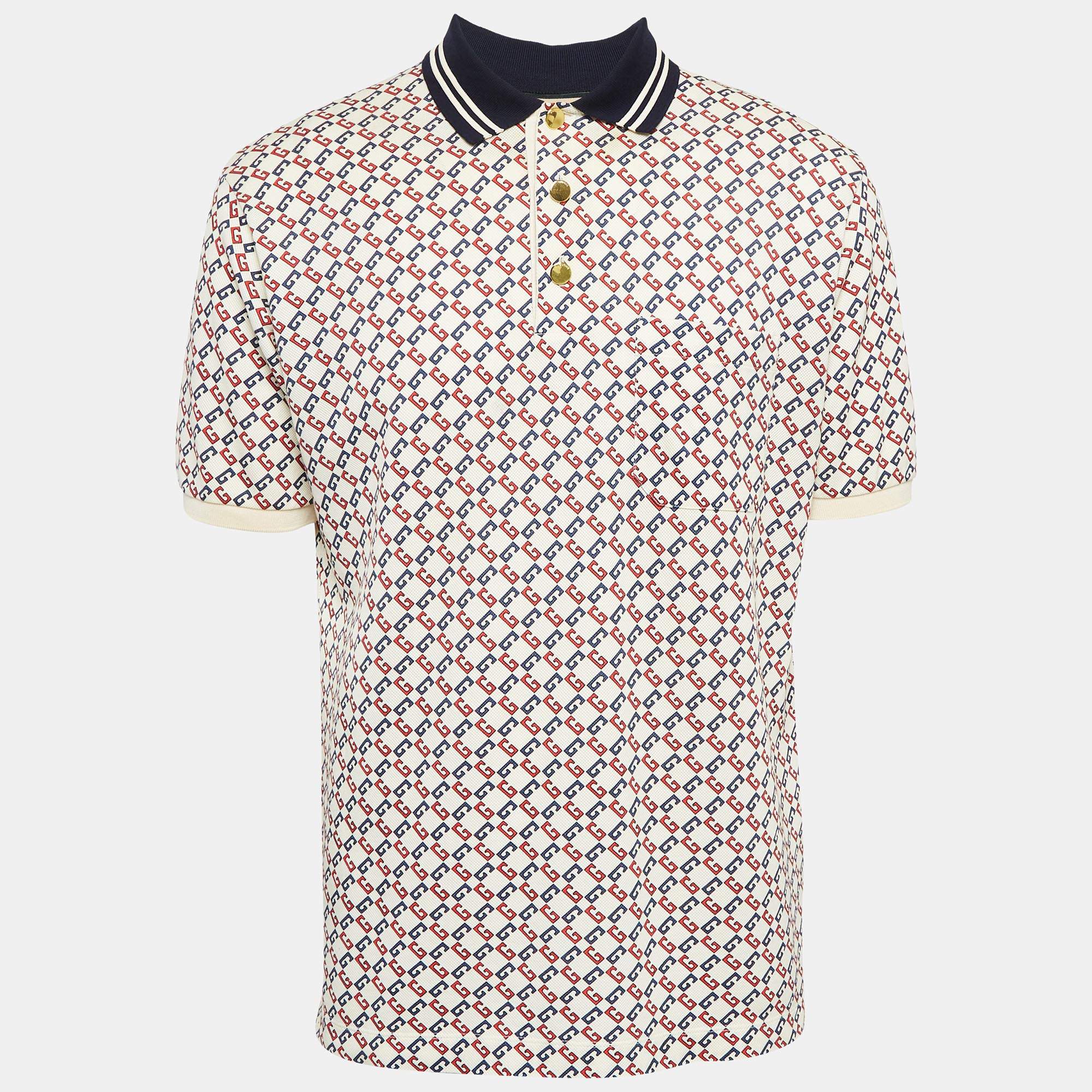 Pre Owned Gucci Cream Geometric G Cotton Polo T-Shirt S