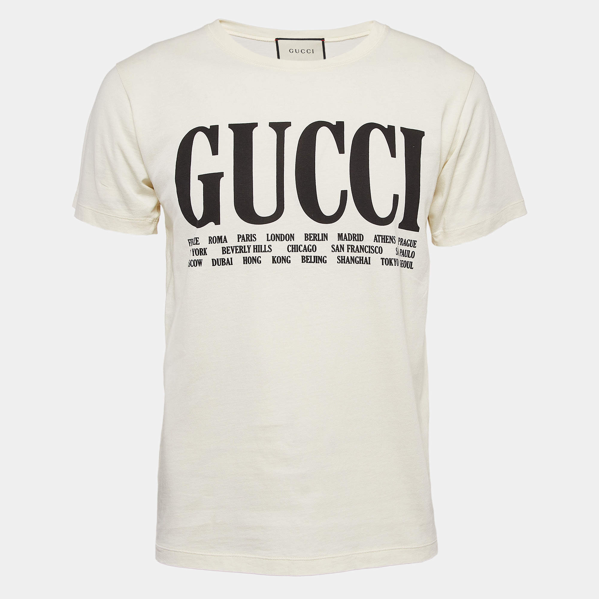 Pre Owned Gucci Cream Logo Cities Print Jersey Oversized T-Shirt XXS