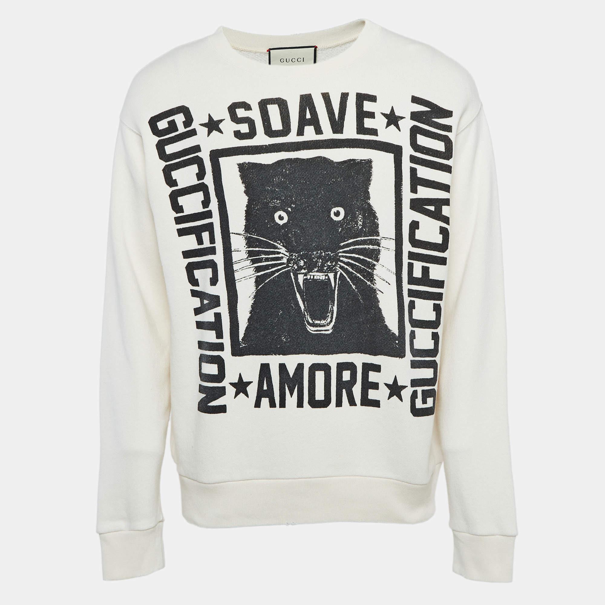 Gucci Cream Printed & Distressed Cotton Knit Sweatshirt S