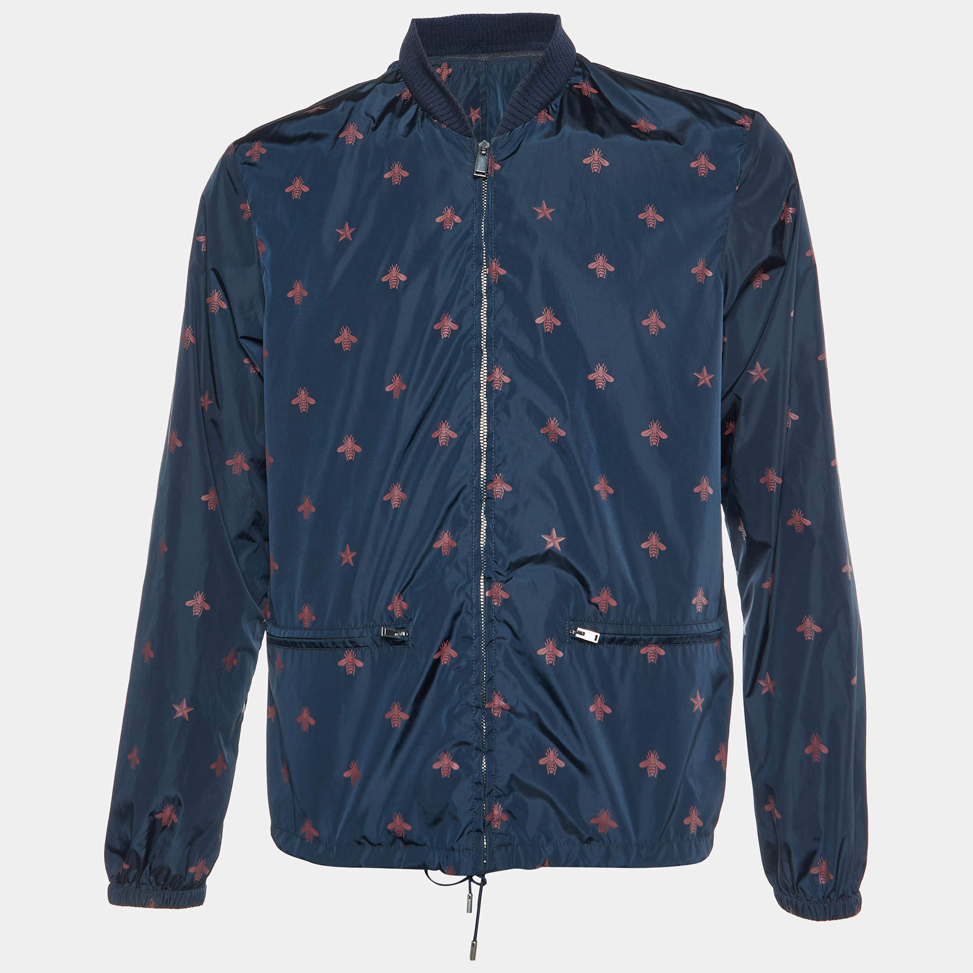 【新品未使用】GUCCI SPW BLOUSON BLUE/NAVY サイズ44 Gucci Navy Blue Wasp Print Synthetic Detachable Hoodie