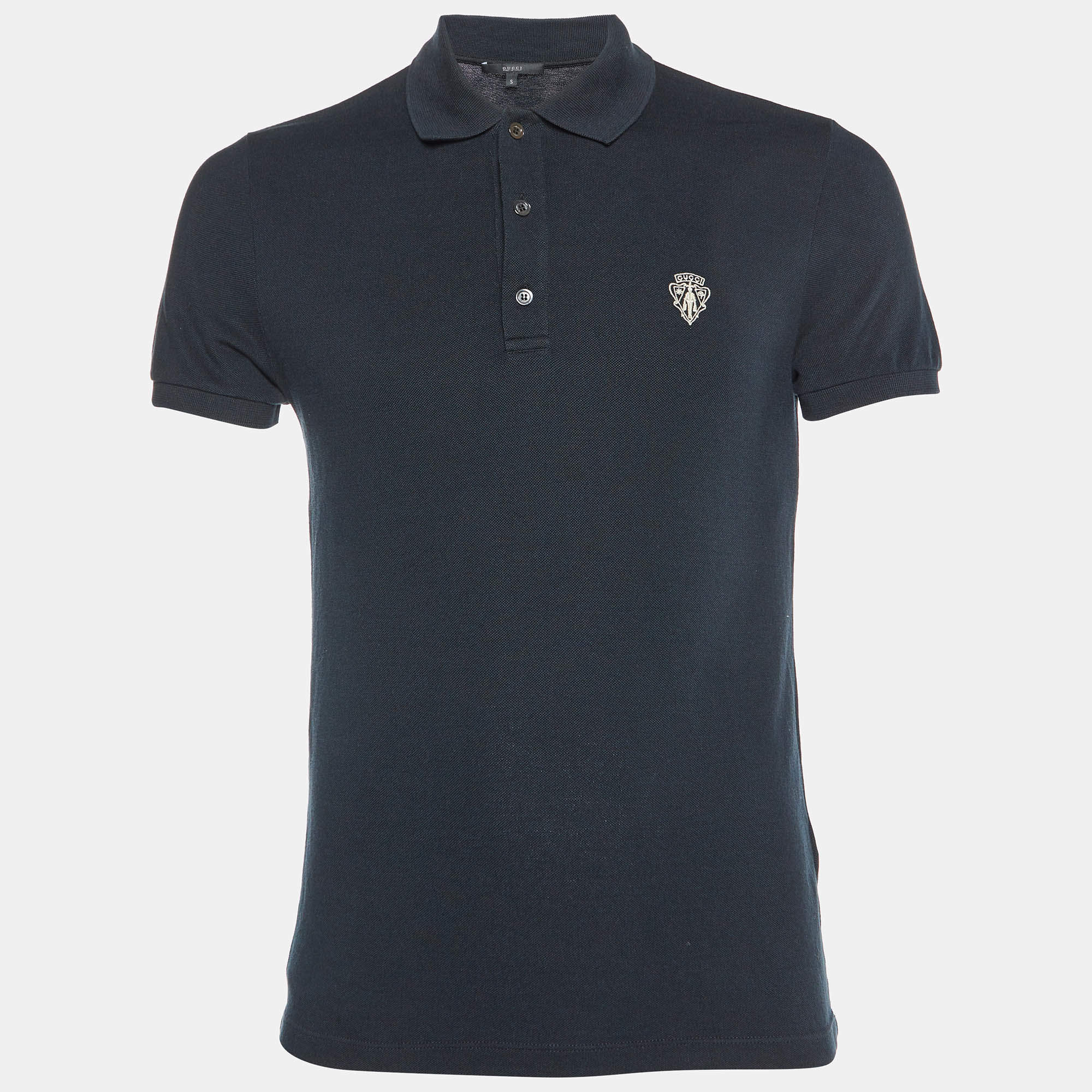 Gucci Black Embroidered Cotton Knit Skinny Fit Polo T-Shirt L