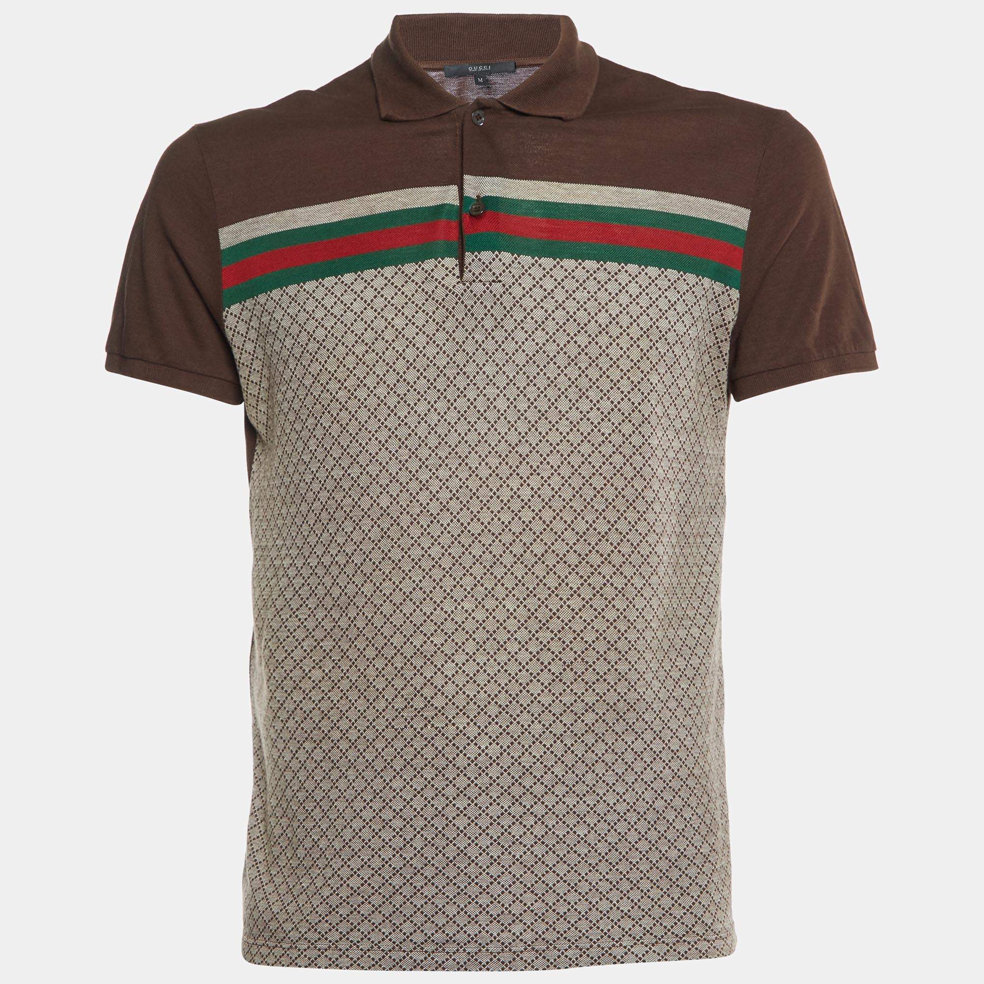 Pre Owned Gucci Brown Patterned Cotton Knit Polo T-Shirt M