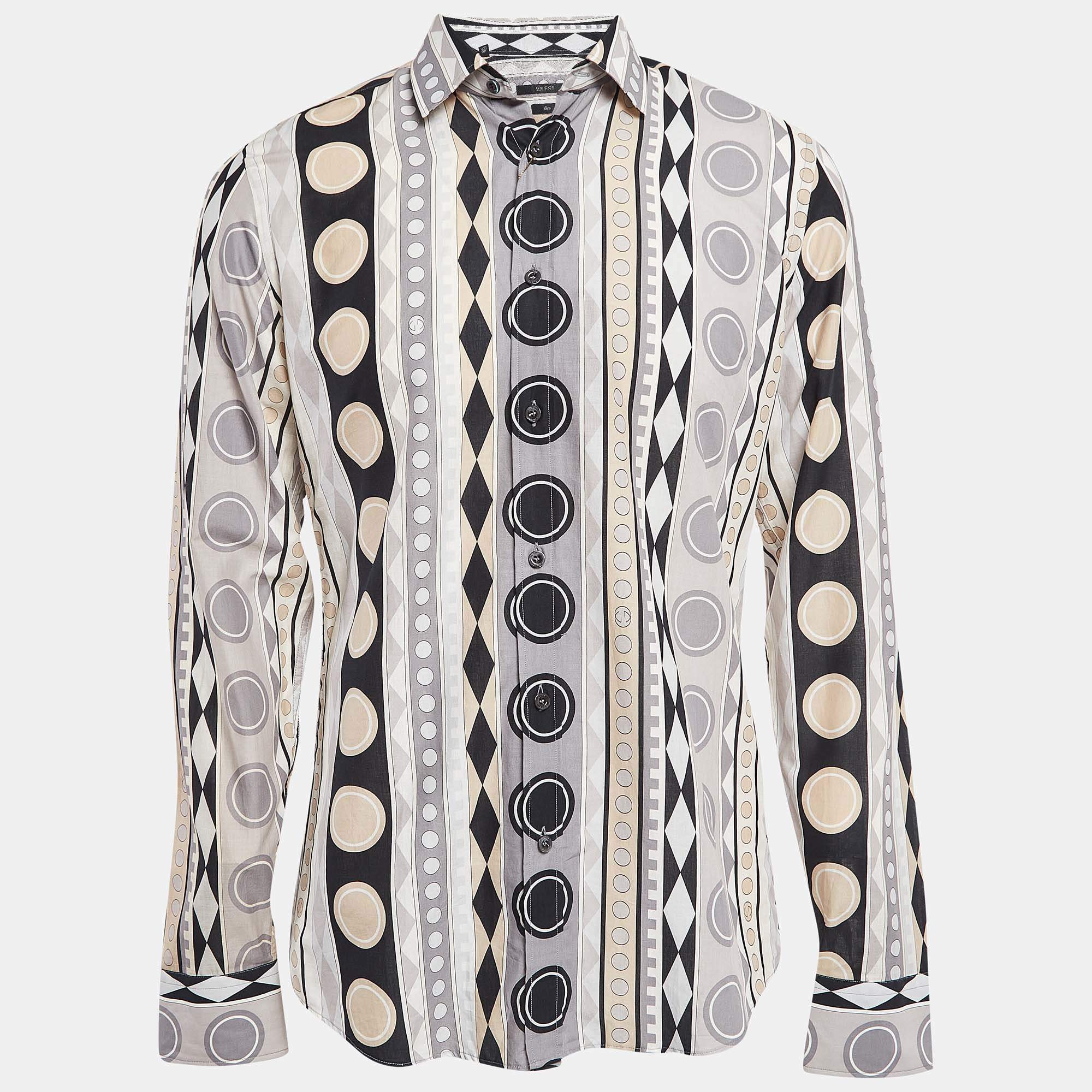 Gucci Grey/Multicolor Printed Cotton Button Front Shirt L